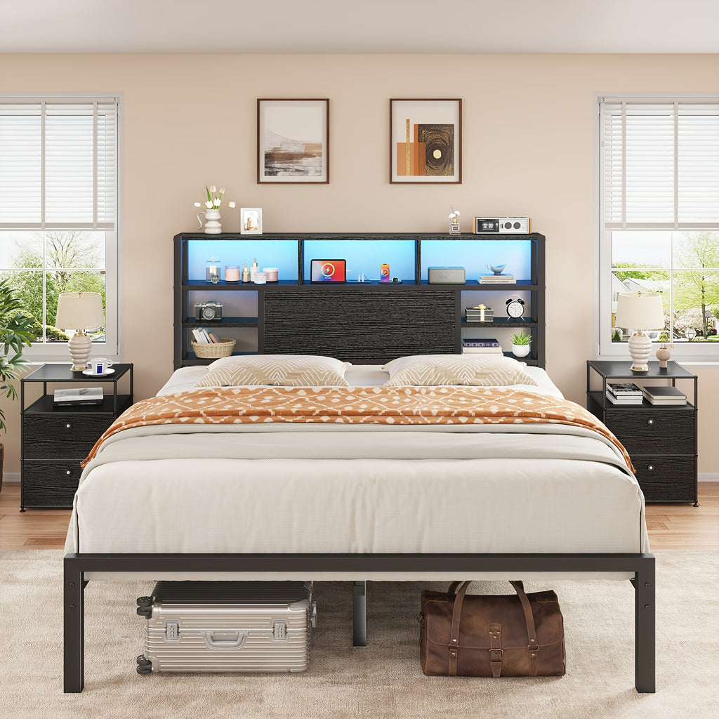 full queen king bed frame storage headboard led lights - Temu