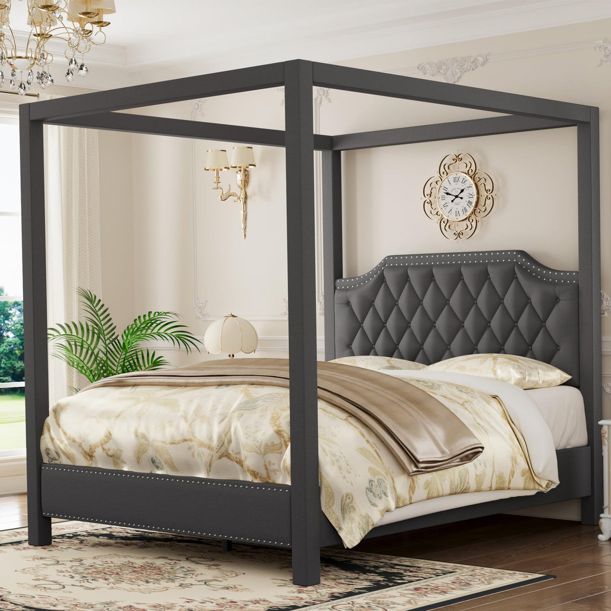 queen full size wingback upholstered canopy platform bed - Temu