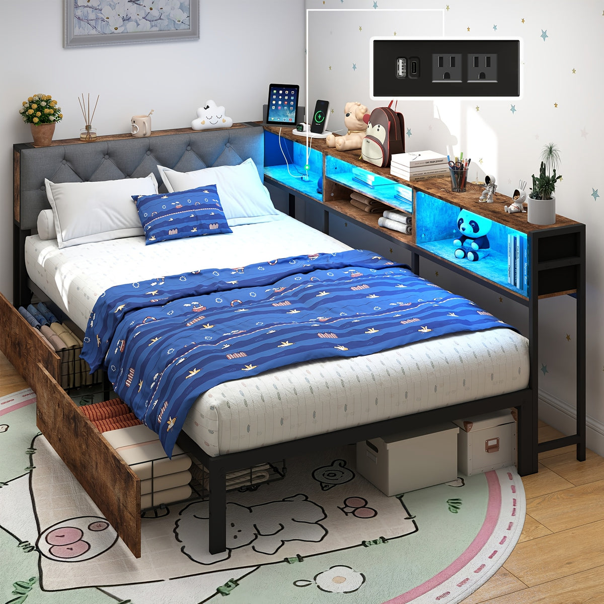 twin twin xl corner bed frame storage bookcase 2 drawers - Temu