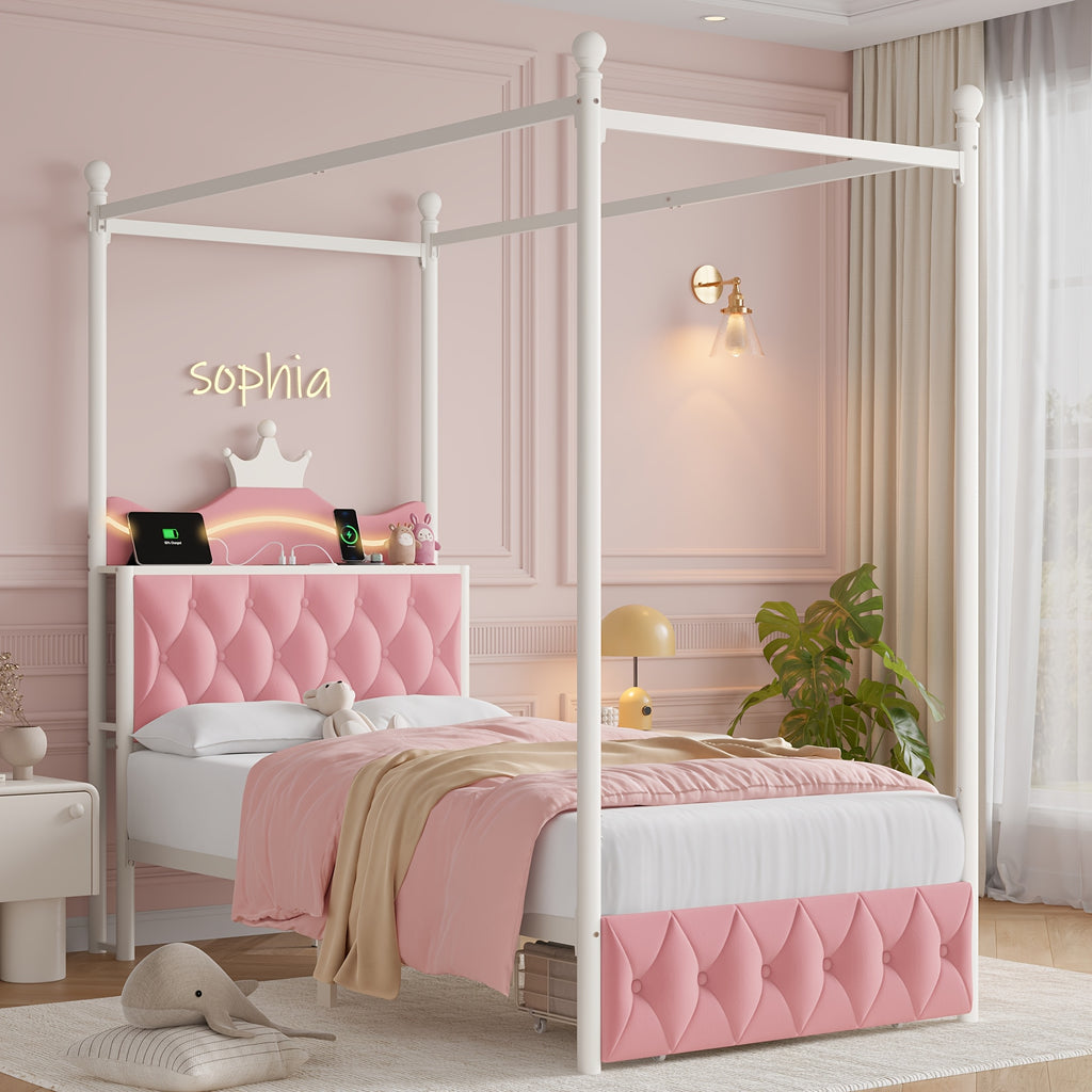 twin full queen size upholstered canopy bed frame led lights - Temu