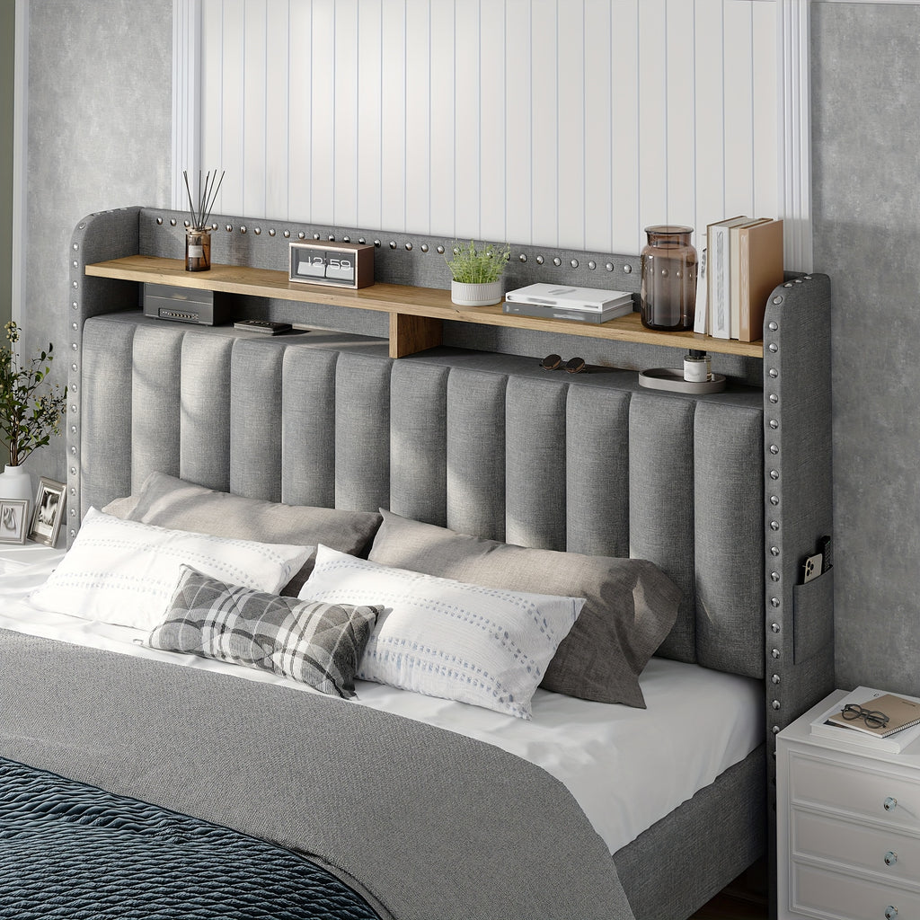 king size upholstered bed frame storage 2 tier headboard 2 - Temu
