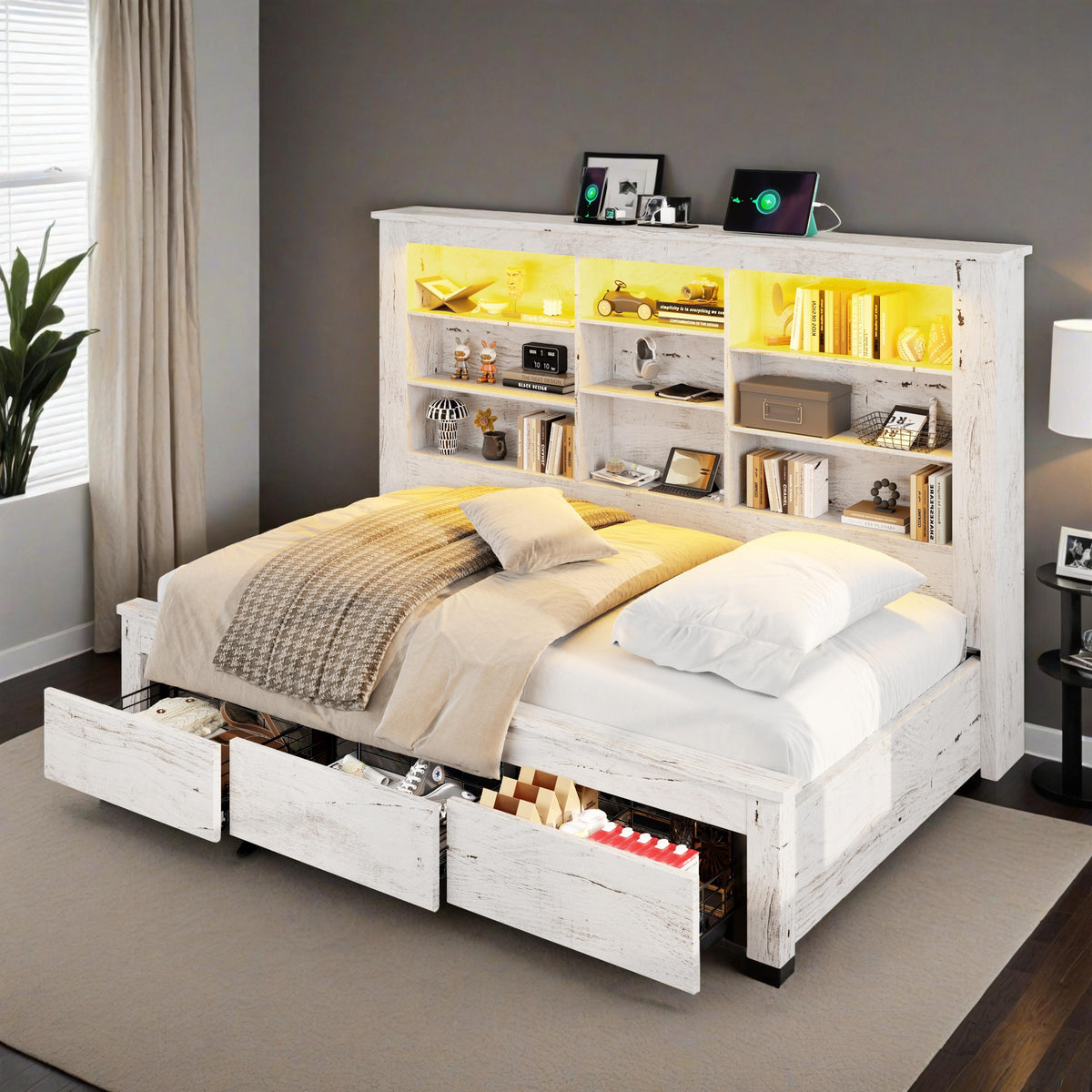 modern bed frame wheels storage drawers usb charging - Temu