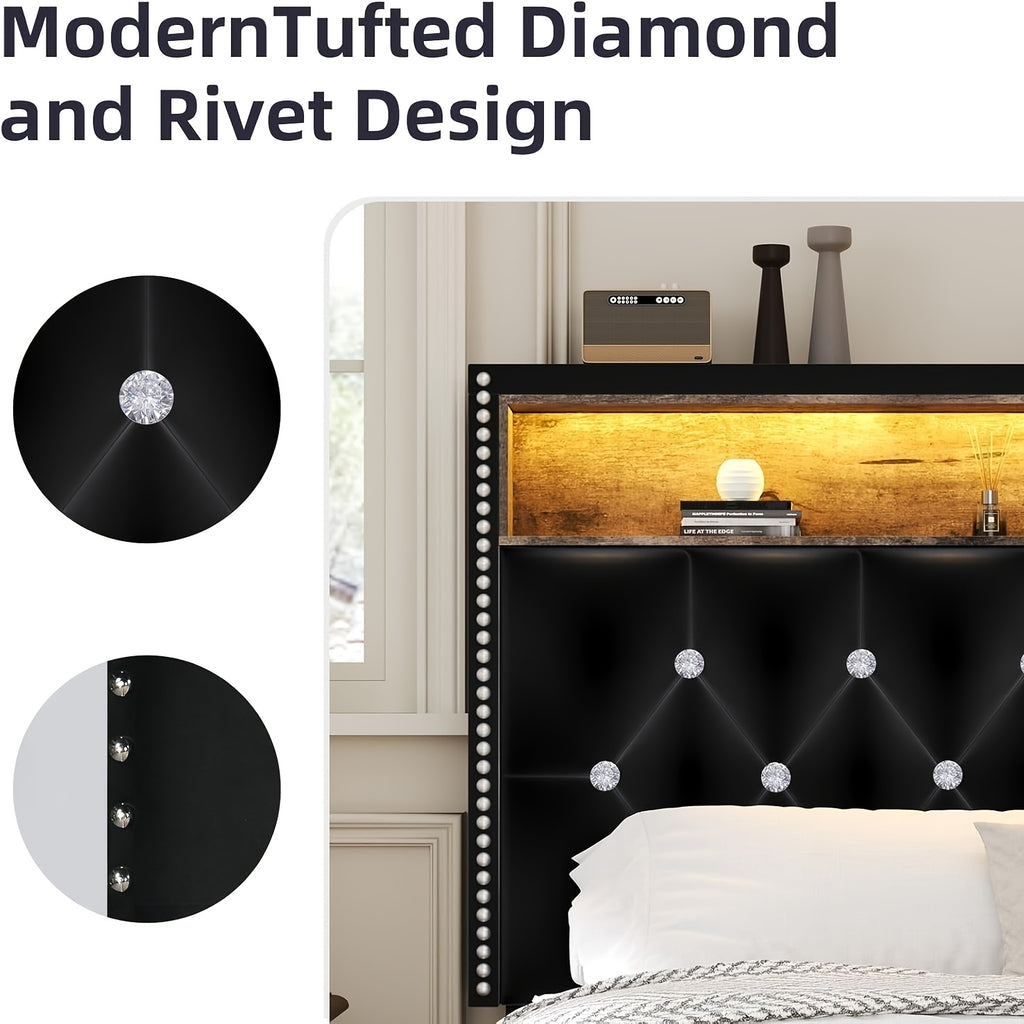 bed frame led lights velvet upholstered platform bed storage - Temu