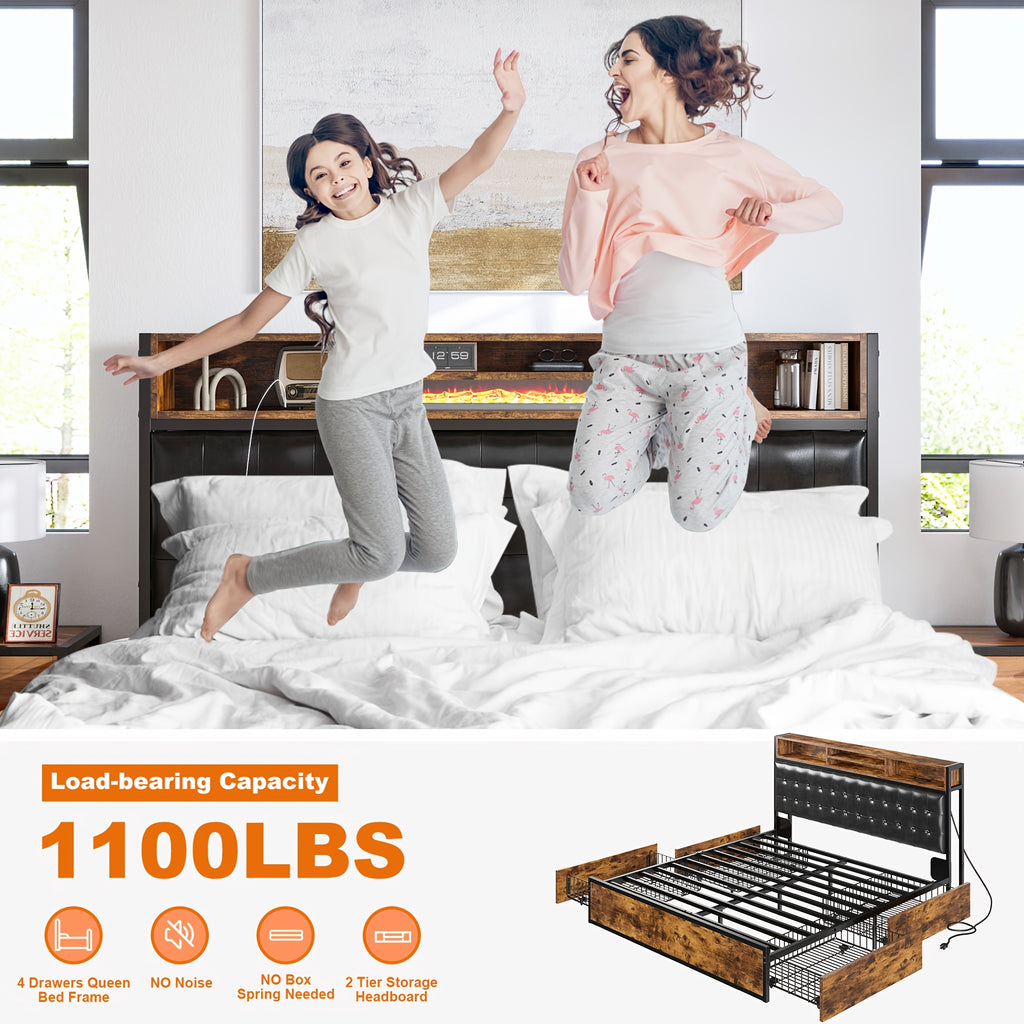 king queen full bed frame 4 storage drawers headboard - Temu