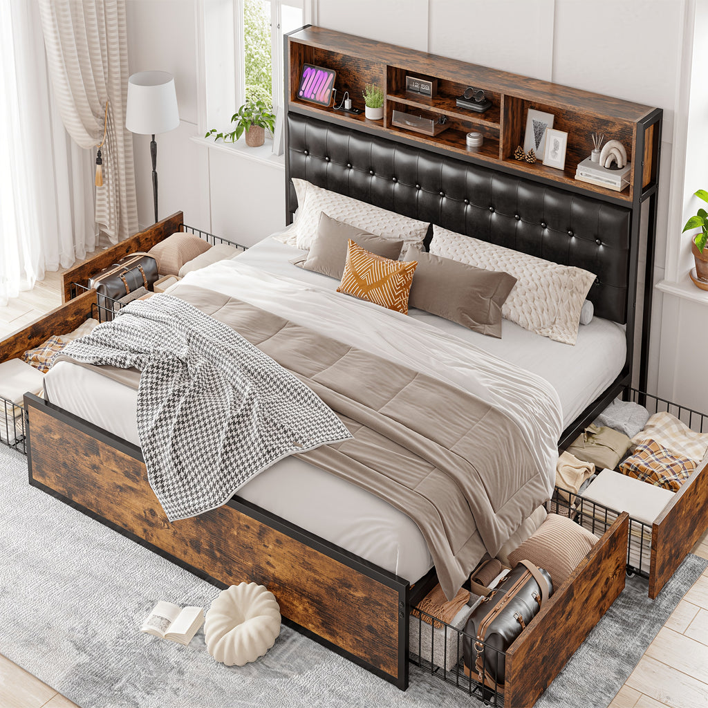 king queen full bed frame 4 storage drawers headboard - Temu