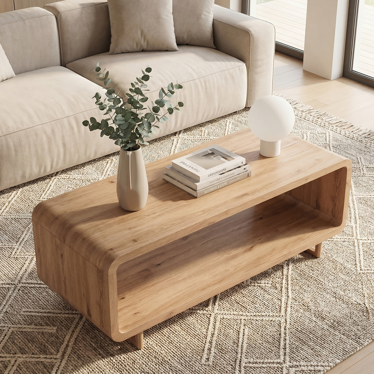wooden coffee table storage shelf modern 2 tier rectangular - Temu