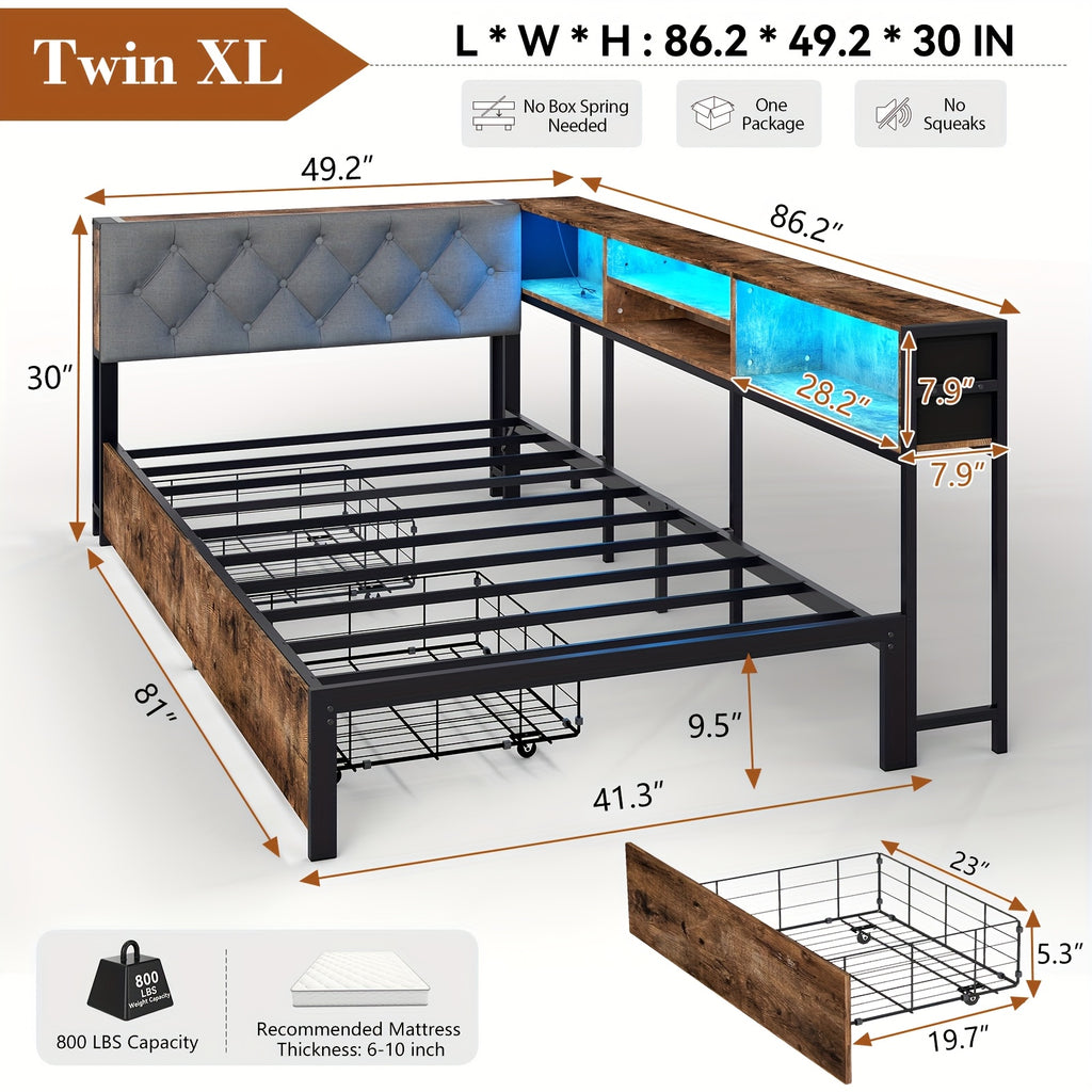 twin twin xl corner bed frame storage bookcase 2 drawers - Temu