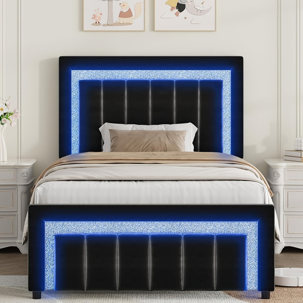 twin full bed frame led lights velvet upholstered headboard - Temu