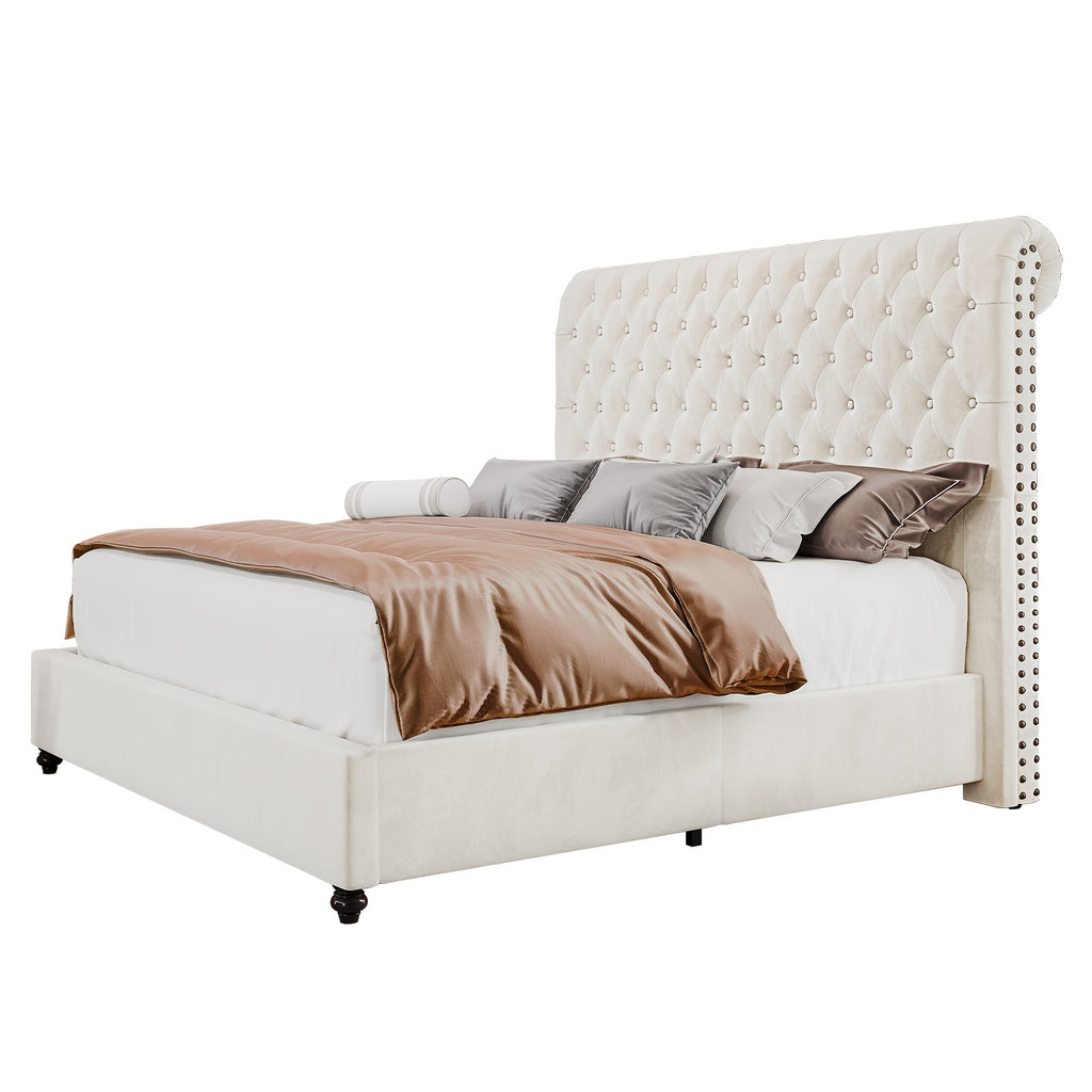 bed frame king queen size velvet tall headboard king - Temu