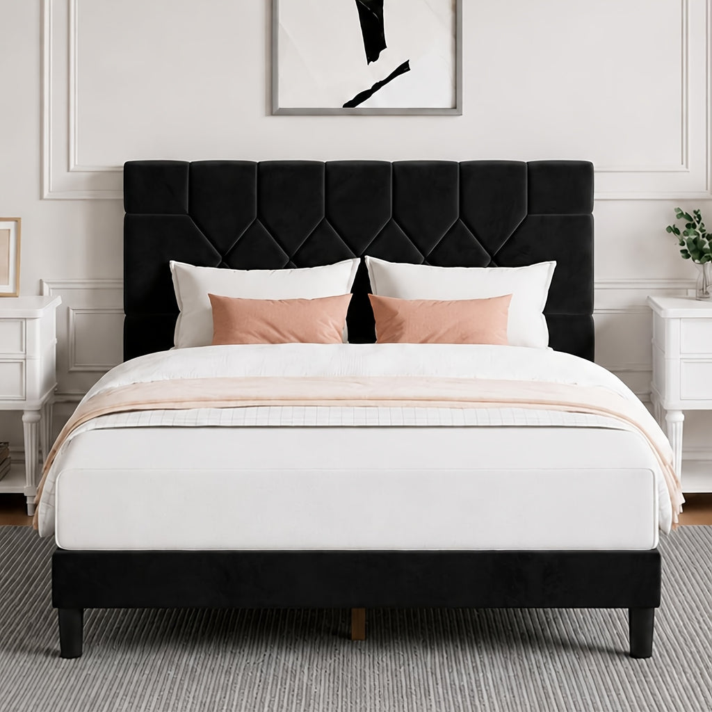 beige linen upholstered bed frame geometric tufted headboard - Temu