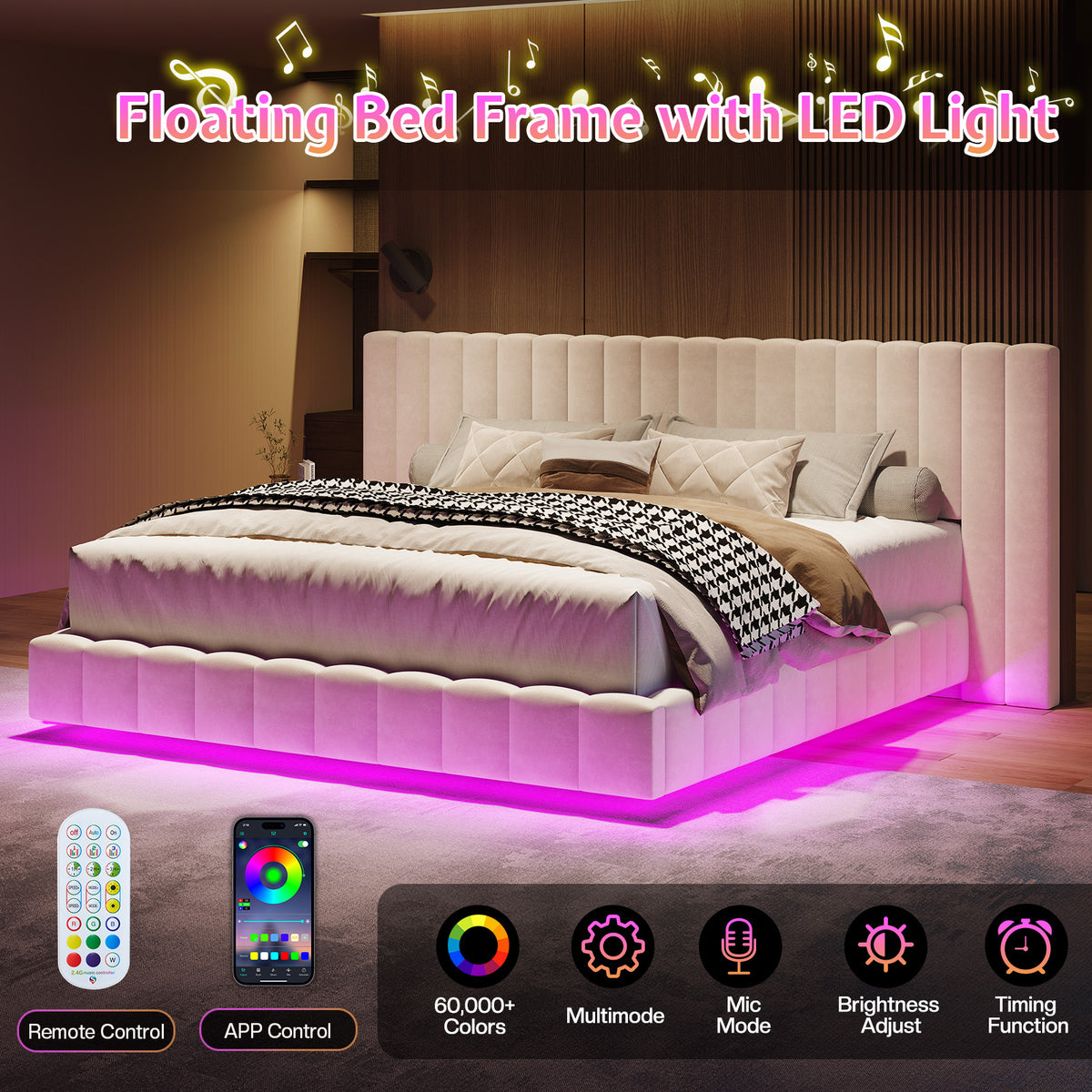 velvet upholstered bed frame wide headboard floating - Temu