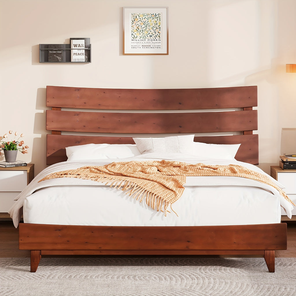 solid wood platform bed frame a queen sized wooden headboard - Temu