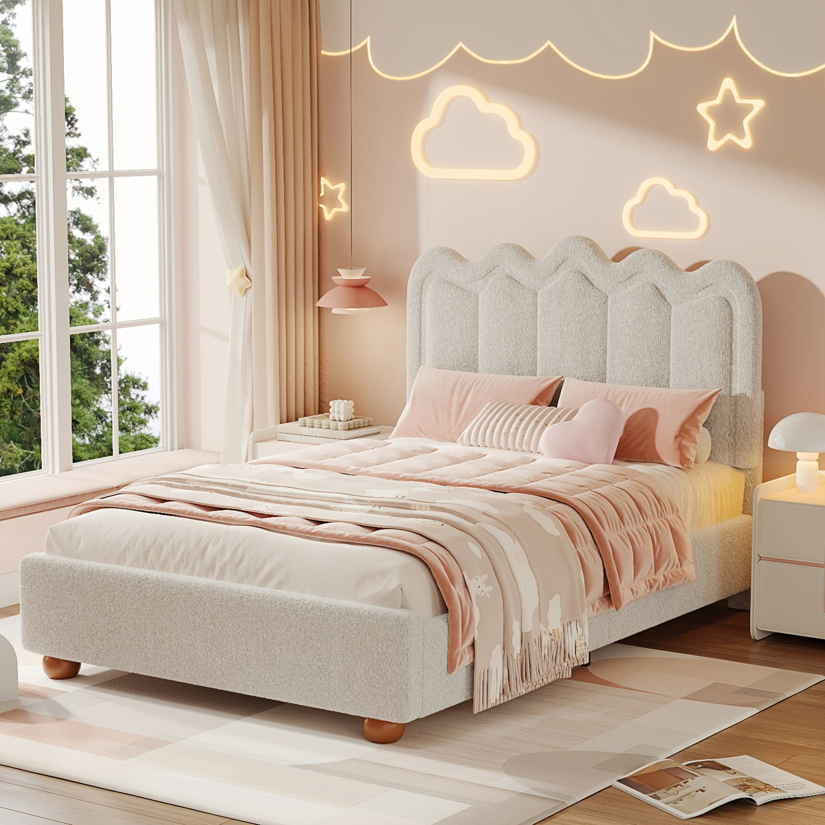 queen size bed frame headboard footboard upholstered boucle - Temu