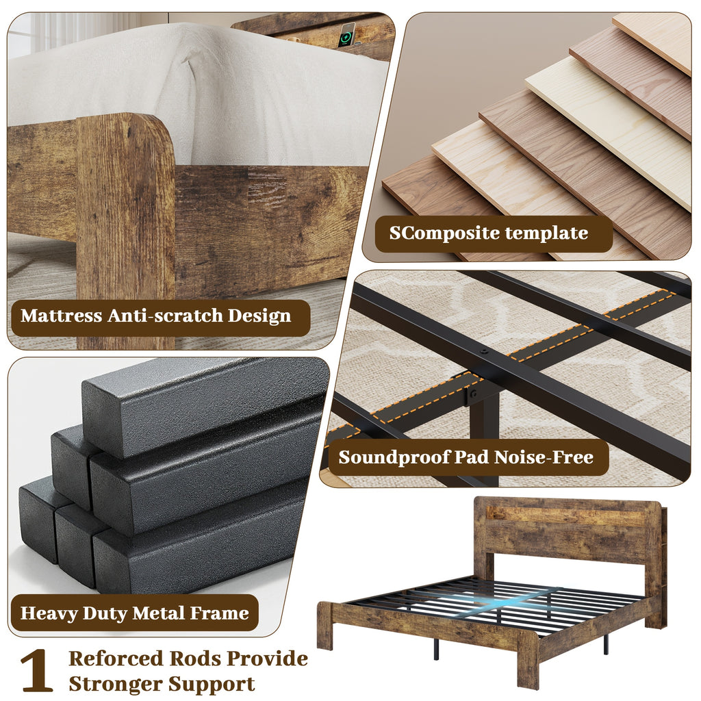 king queen size farmhouse bed frame storage headboard rustic - Temu