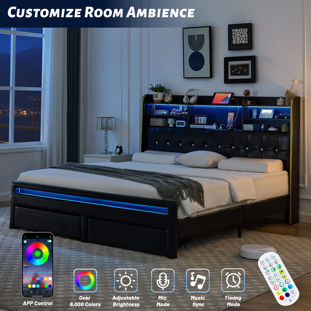 a queen sized bed frame featuring a headboard bookcase - Temu