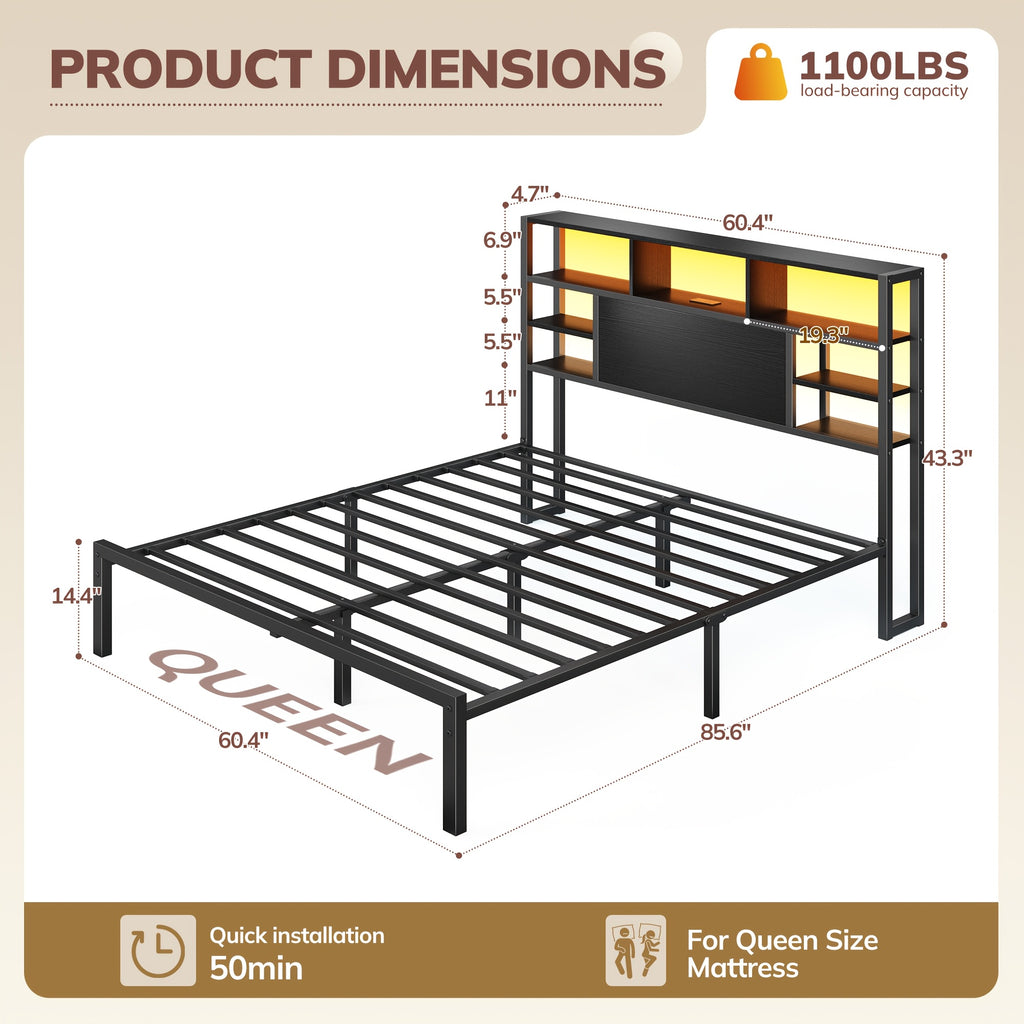 full queen king bed frame storage headboard led lights - Temu