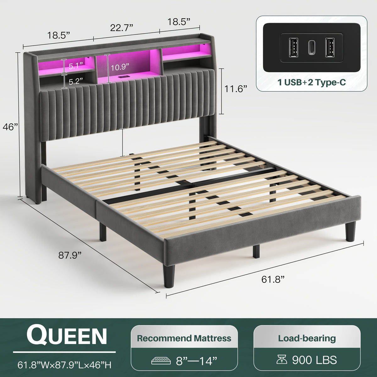 upholstered bed frame built in charging station led lighting - Temu