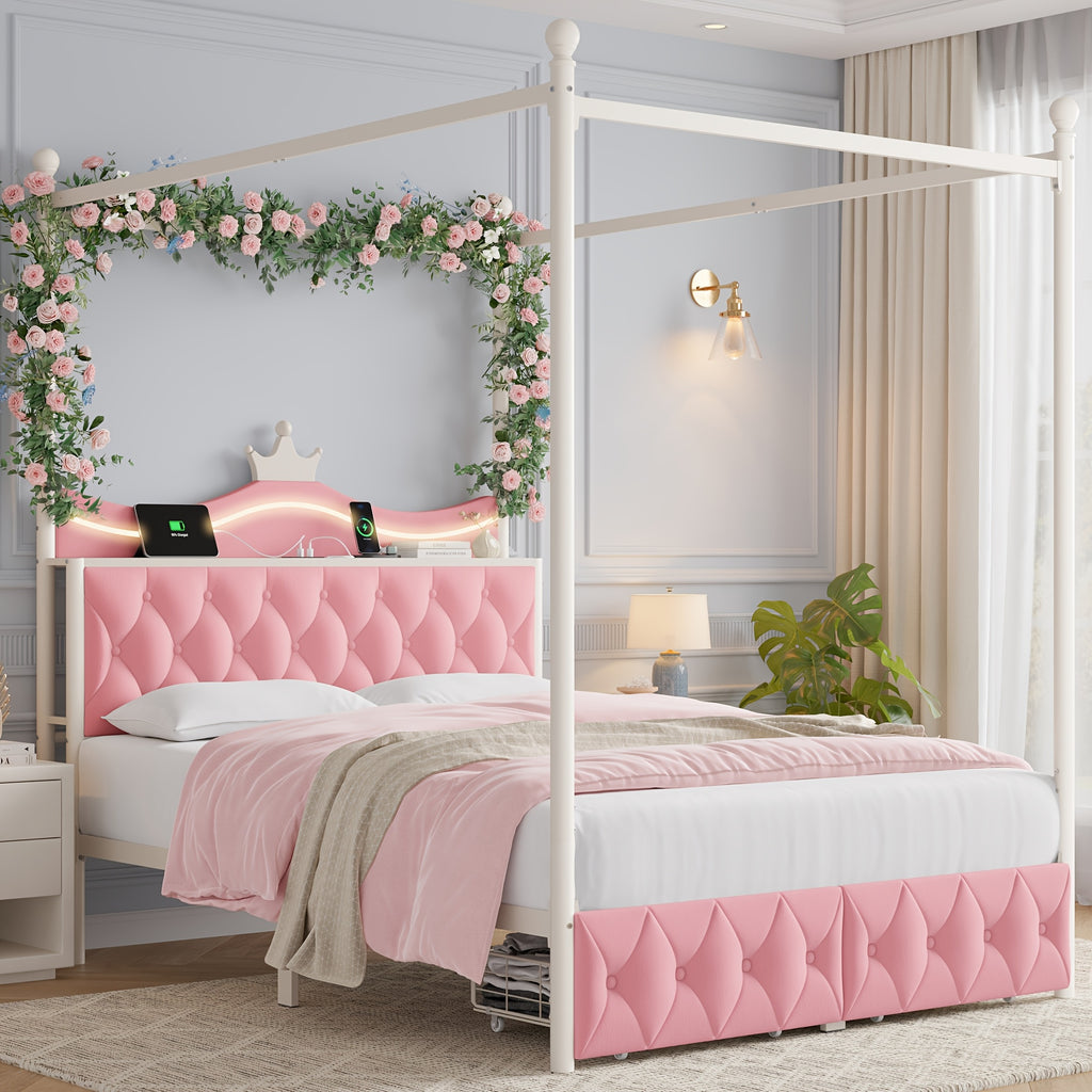 twin full queen size upholstered canopy bed frame led lights - Temu