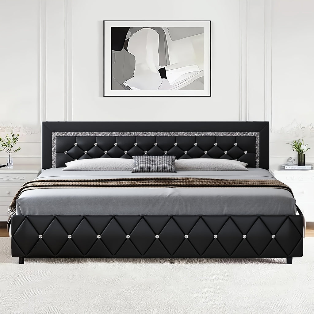 upholstered bed frame diamond tufted headboard faux leather - Temu