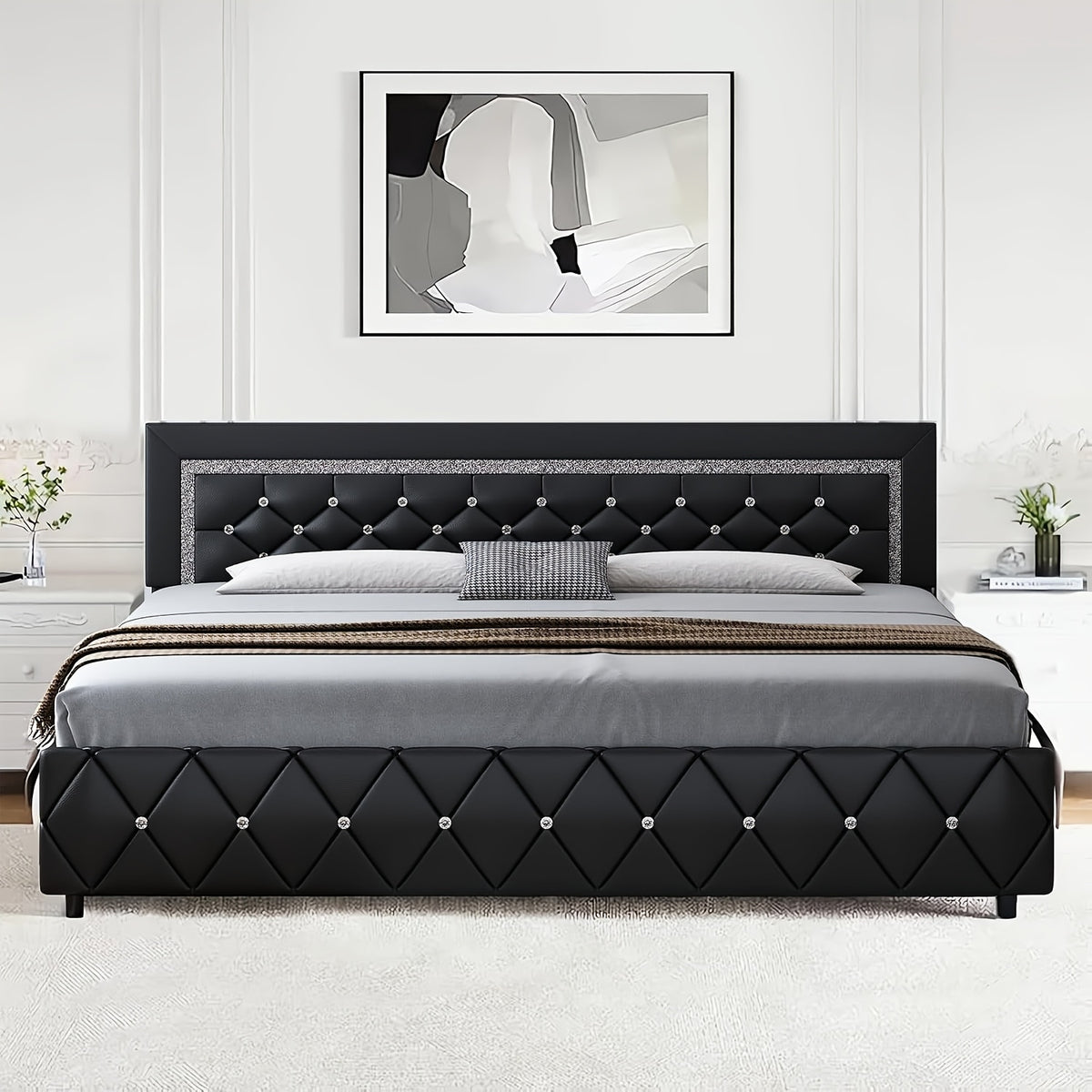 upholstered bed frame diamond tufted headboard faux leather - Temu