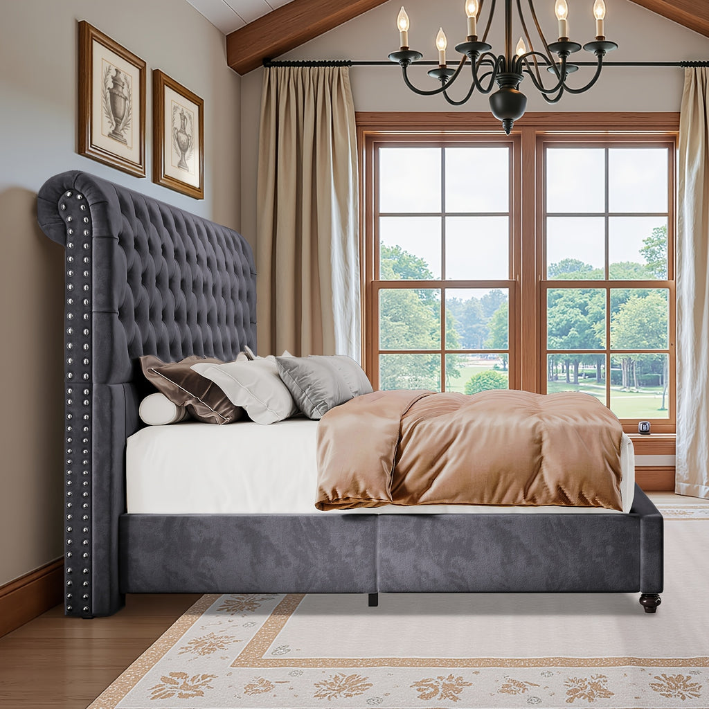 bed frame king queen size velvet tall headboard king - Temu