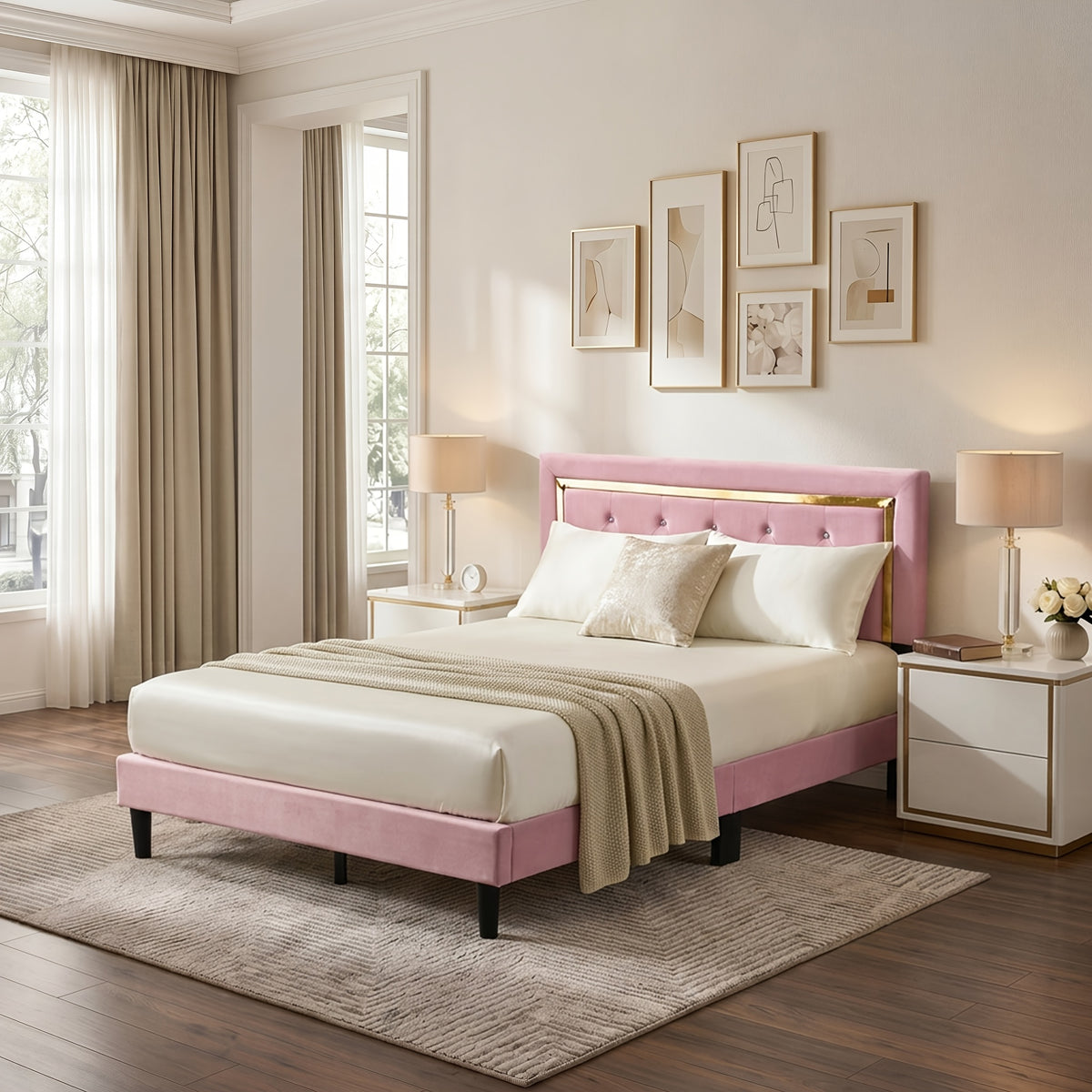 flannel upholstered platform bed frame integrated headboard - Temu