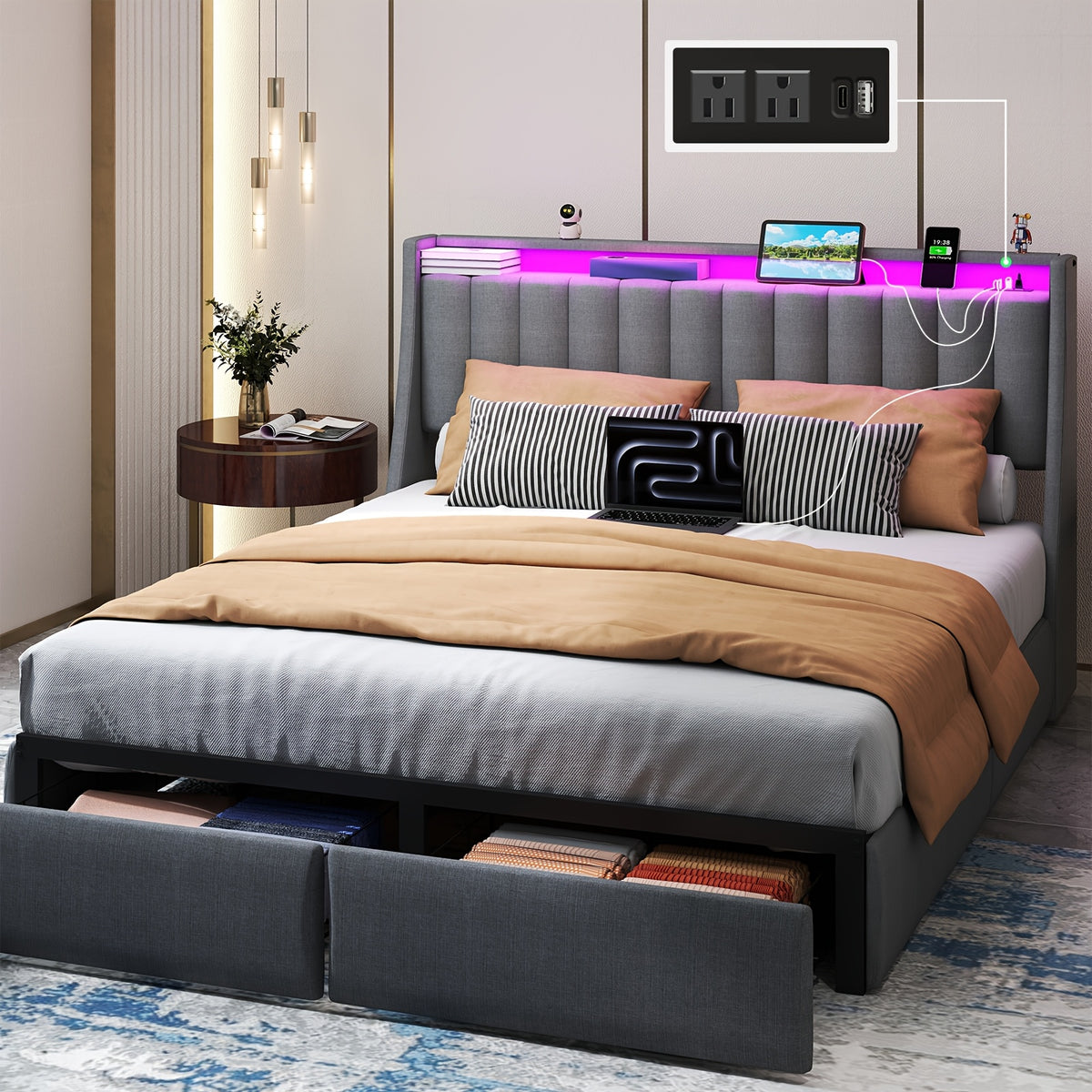 full queen king bed frame 2 storage drawers luxury wingback - Temu
