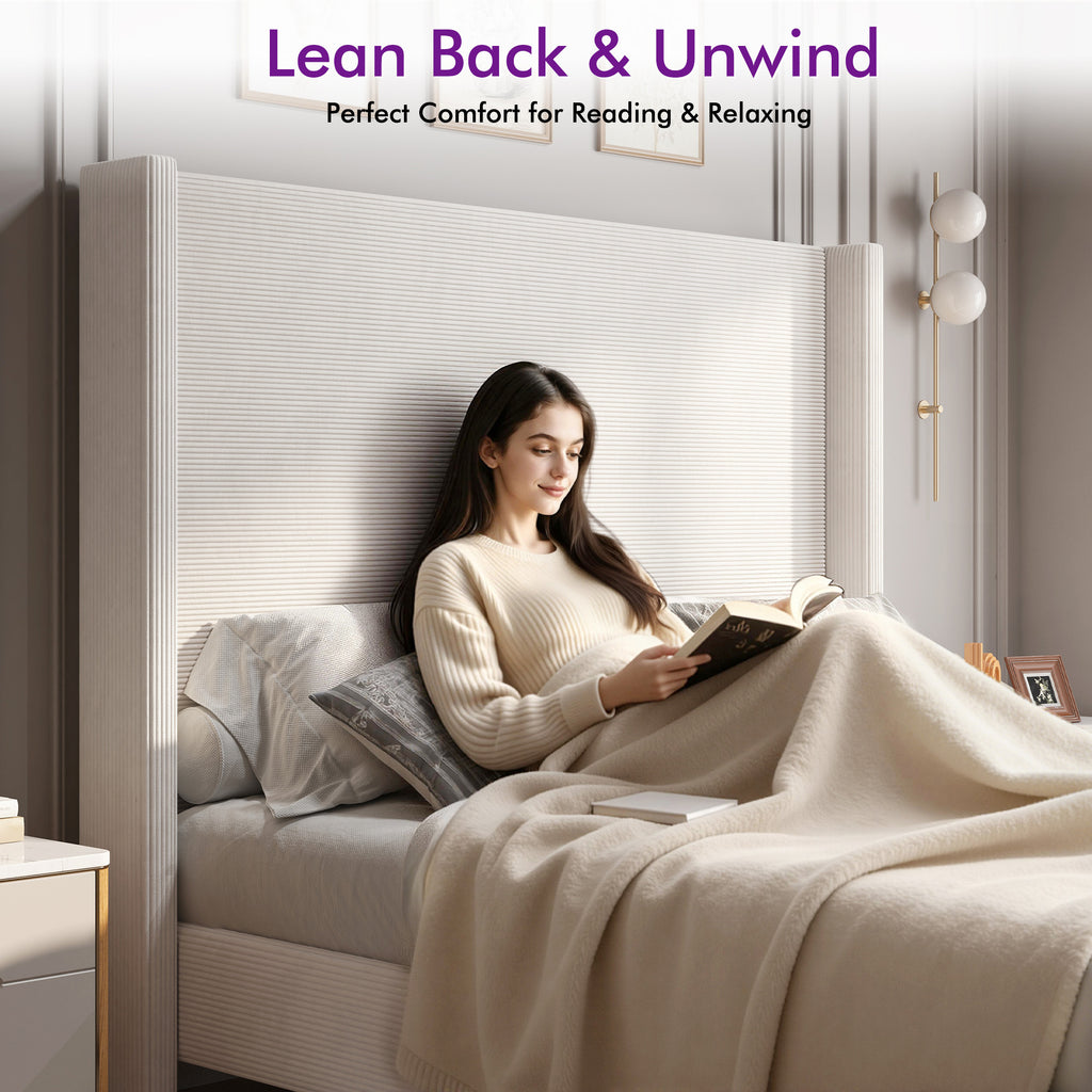 corduroy upholstered bed frame tall wingback headboard solid - Temu