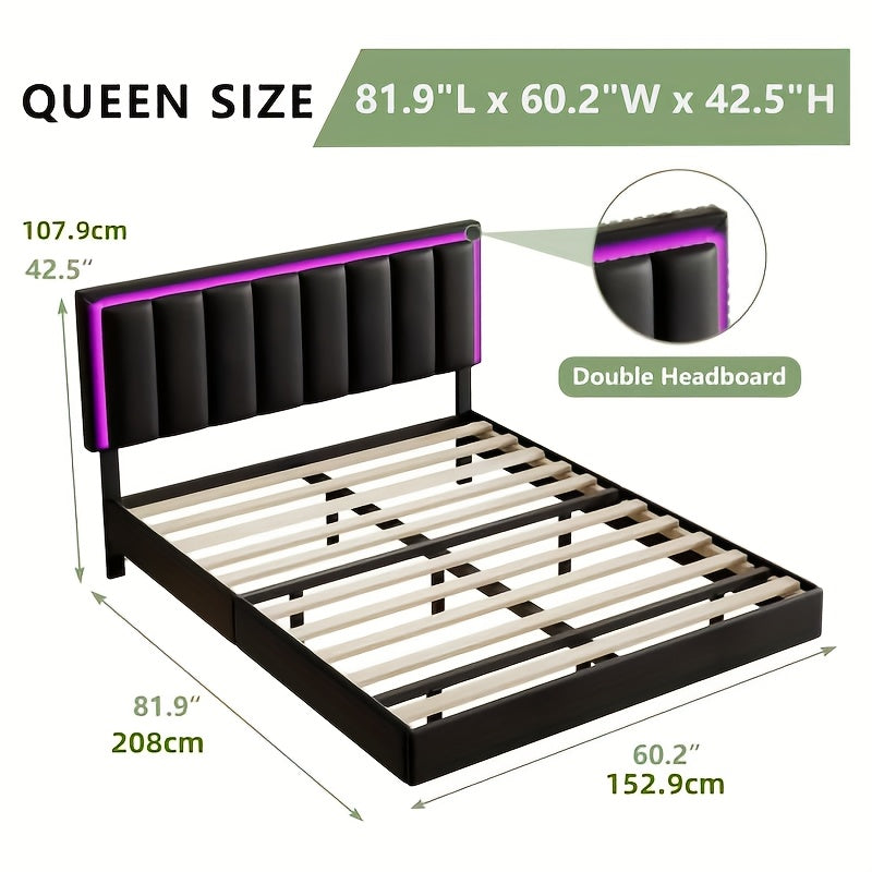 floating bed frame rgb led lights upholstered headboard - Temu