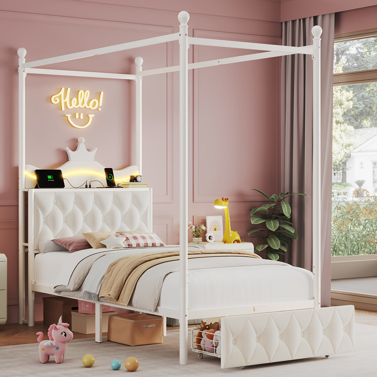 twin full queen size upholstered canopy bed frame led lights - Temu