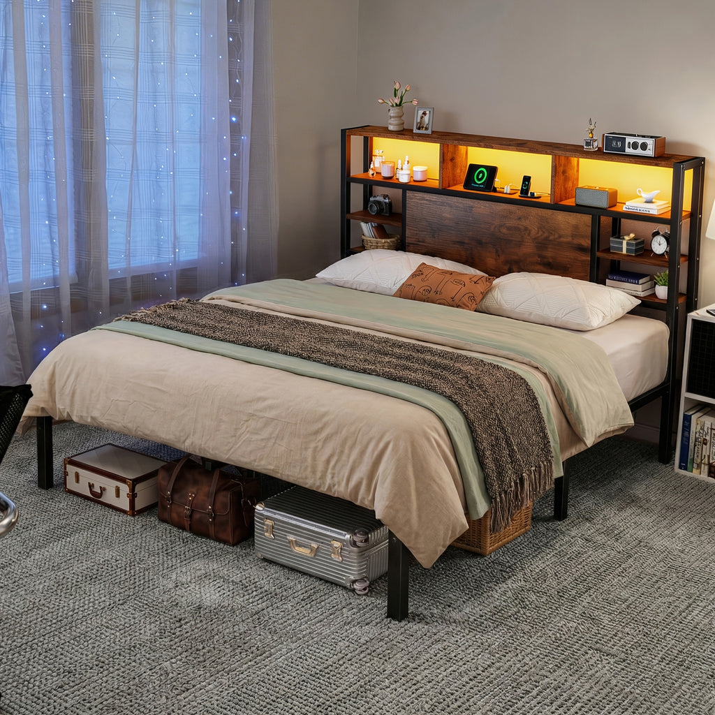 full queen king bed frame storage headboard led lights - Temu