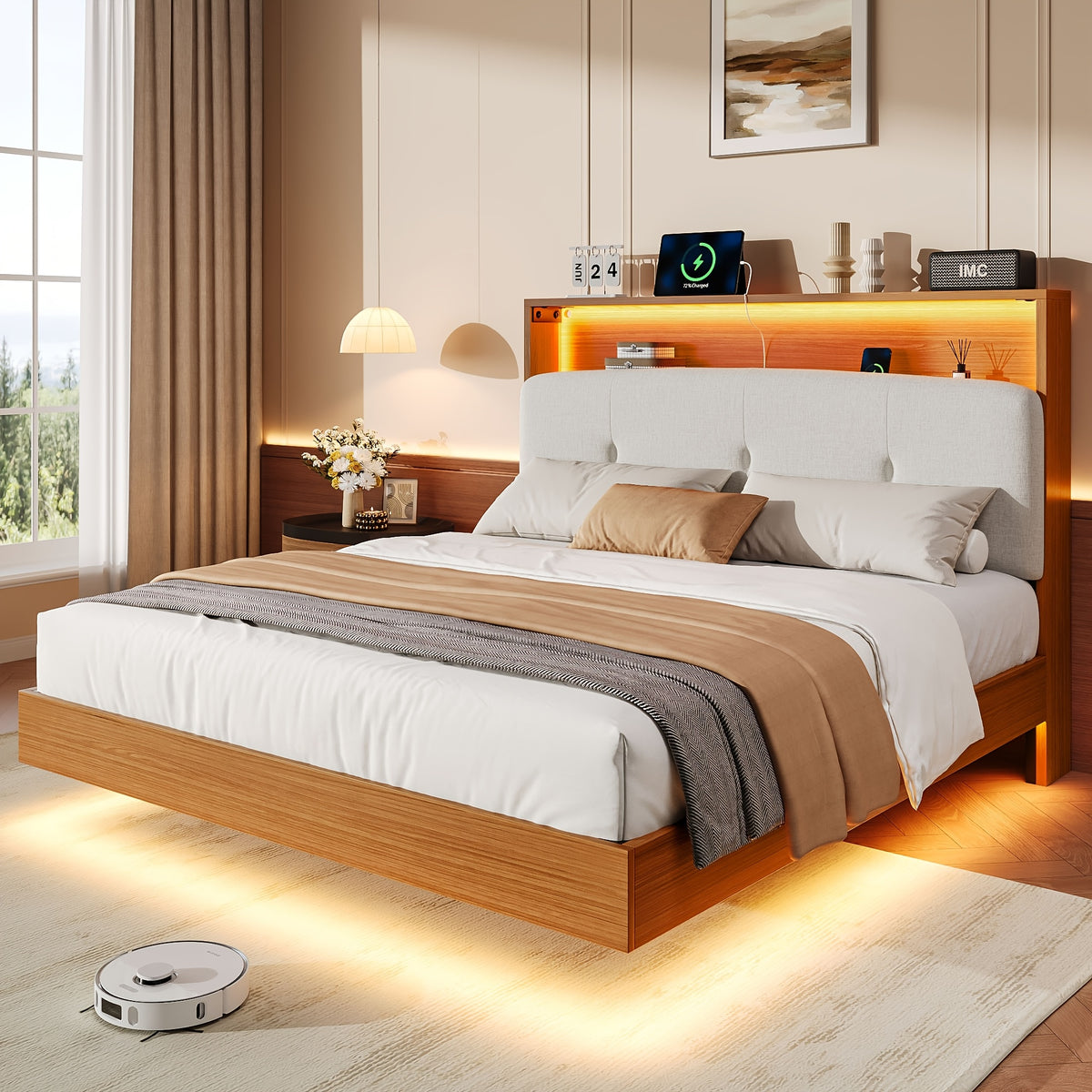 modern bed frame led lightings storage headboard - Temu