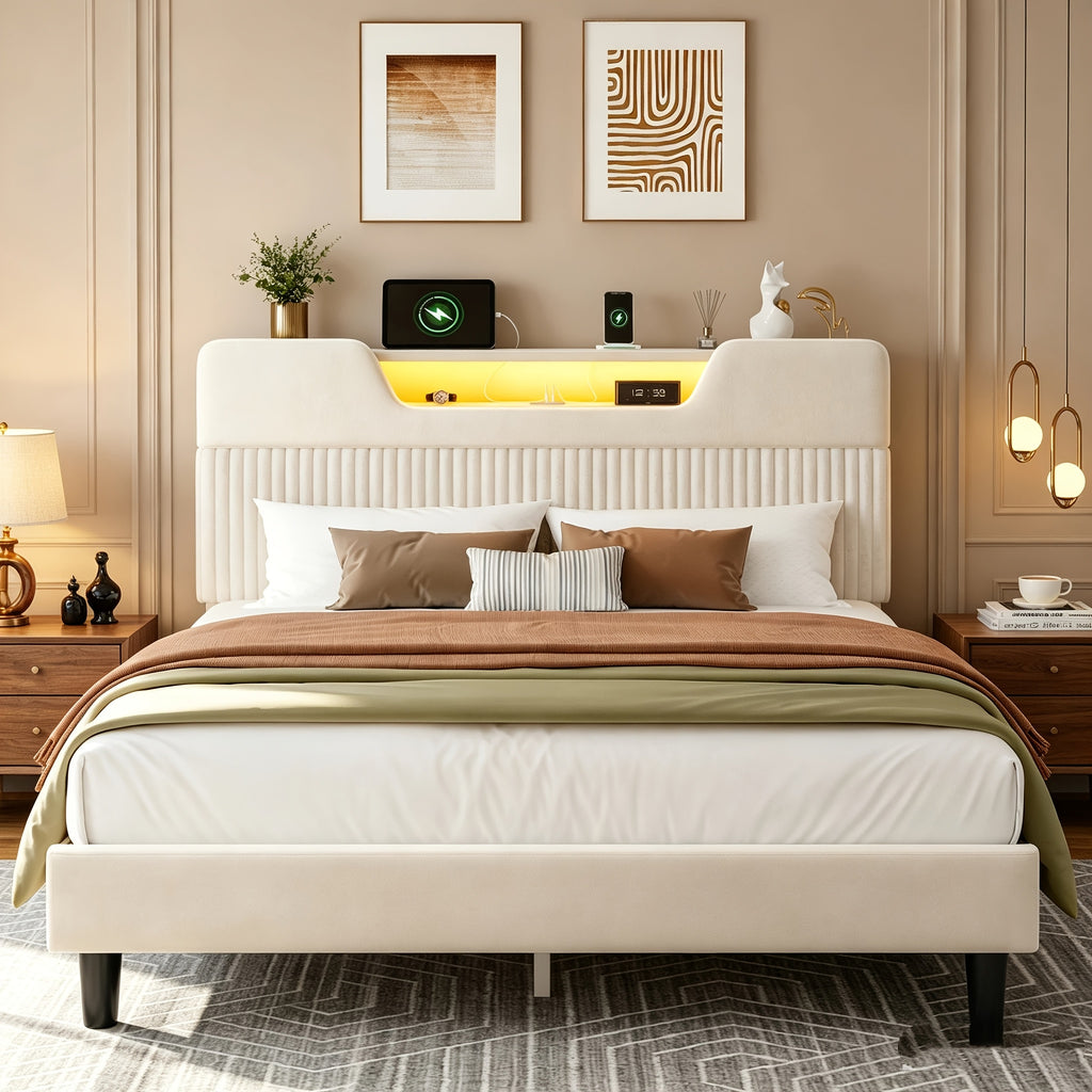 velvet upholstered platform bed frame rgb led lights - Temu