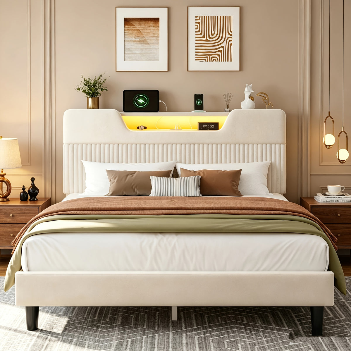 velvet upholstered platform bed frame rgb led lights - Temu