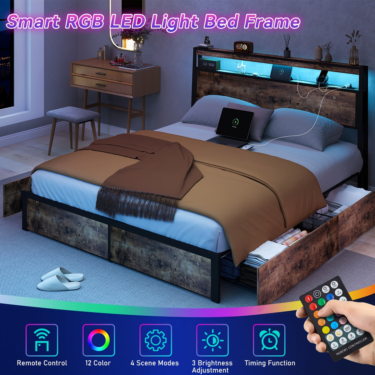 full queen king size bed frame 4 storage drawers headboard - Temu