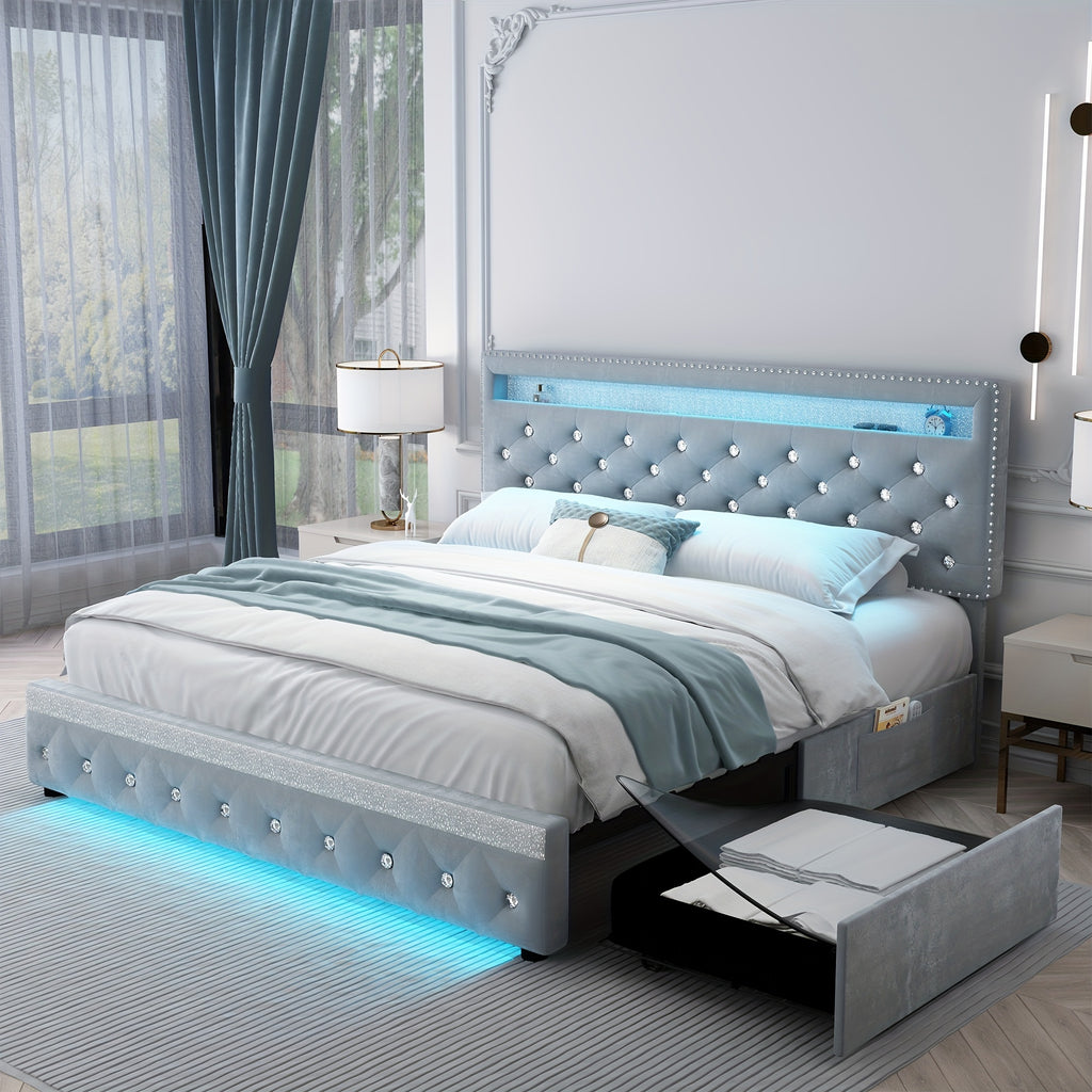 queen size bed frame led lights upholstered bed - Temu