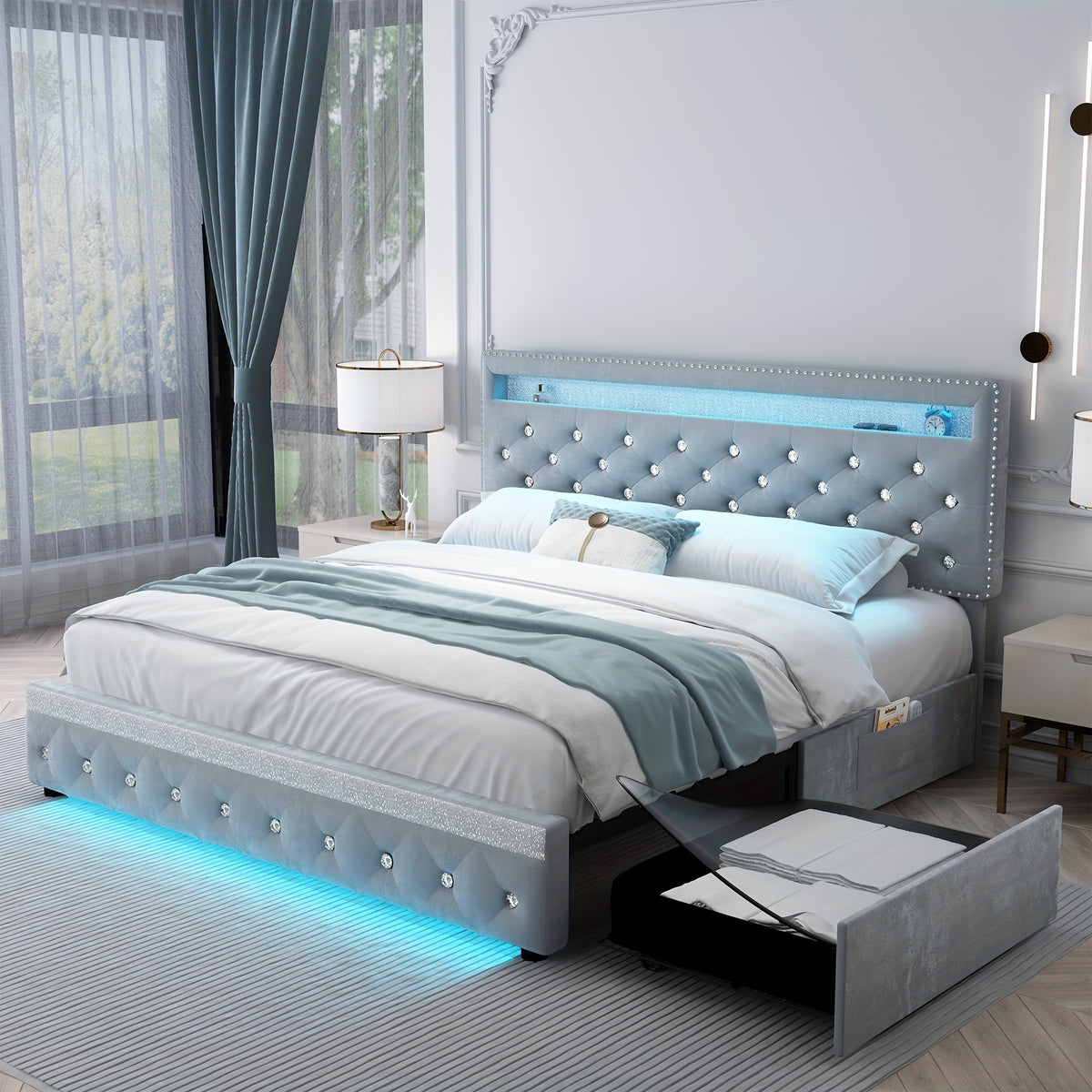 queen size bed frame led lights upholstered bed - Temu