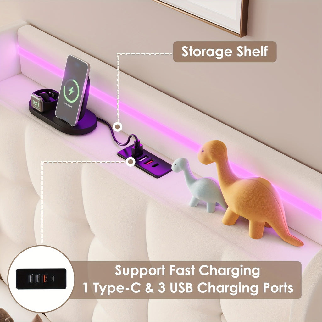twin full queen upholstered bed frame led lights charging - Temu