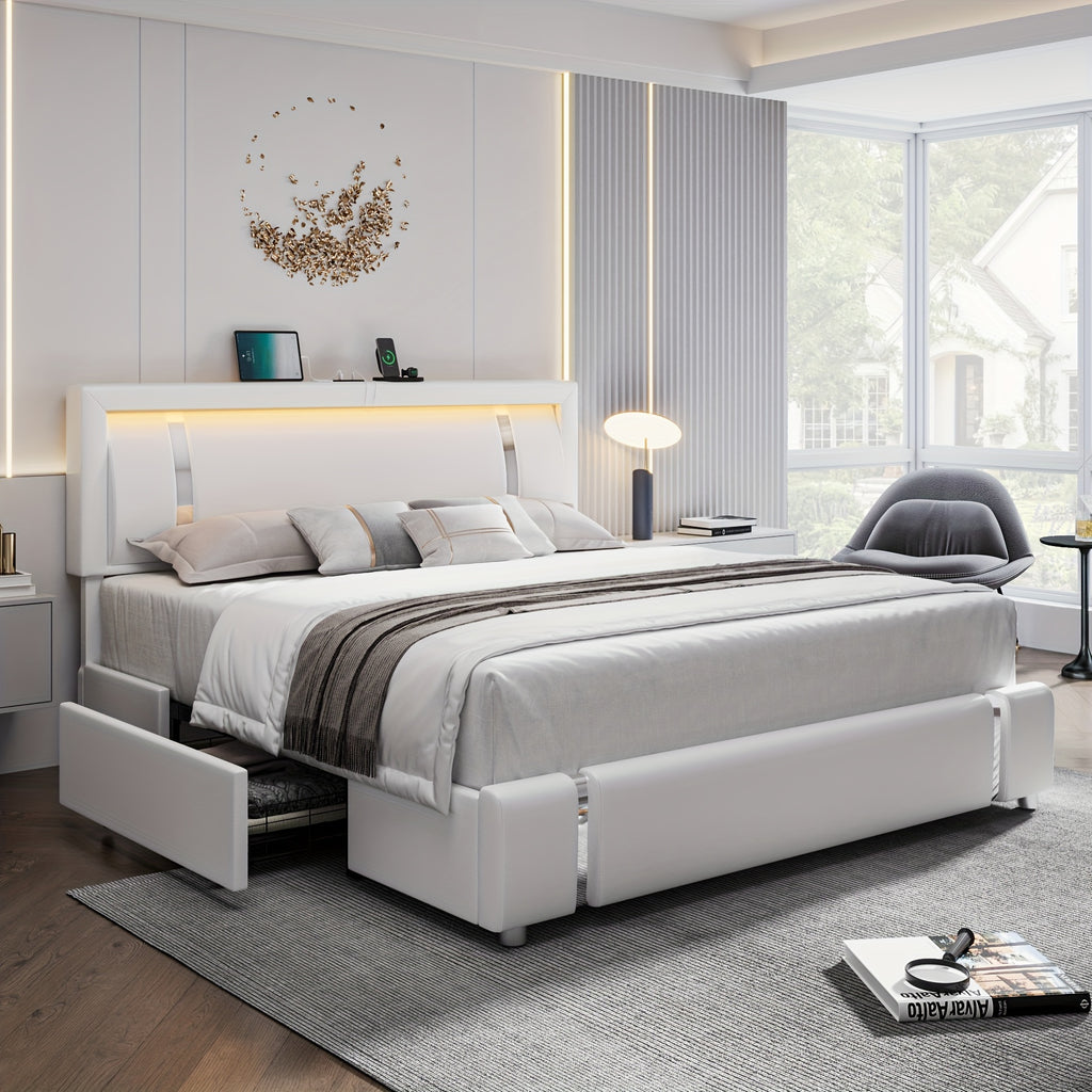 full size bed frame headboard storage drawers upholstered - Temu