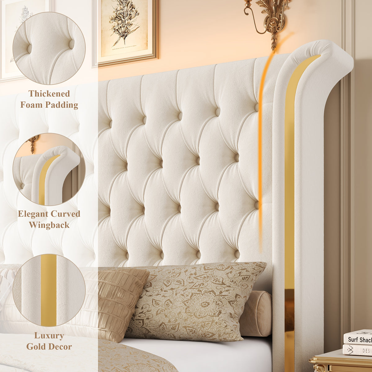 full size bed frame led headboard wingback tufted headboard - Temu