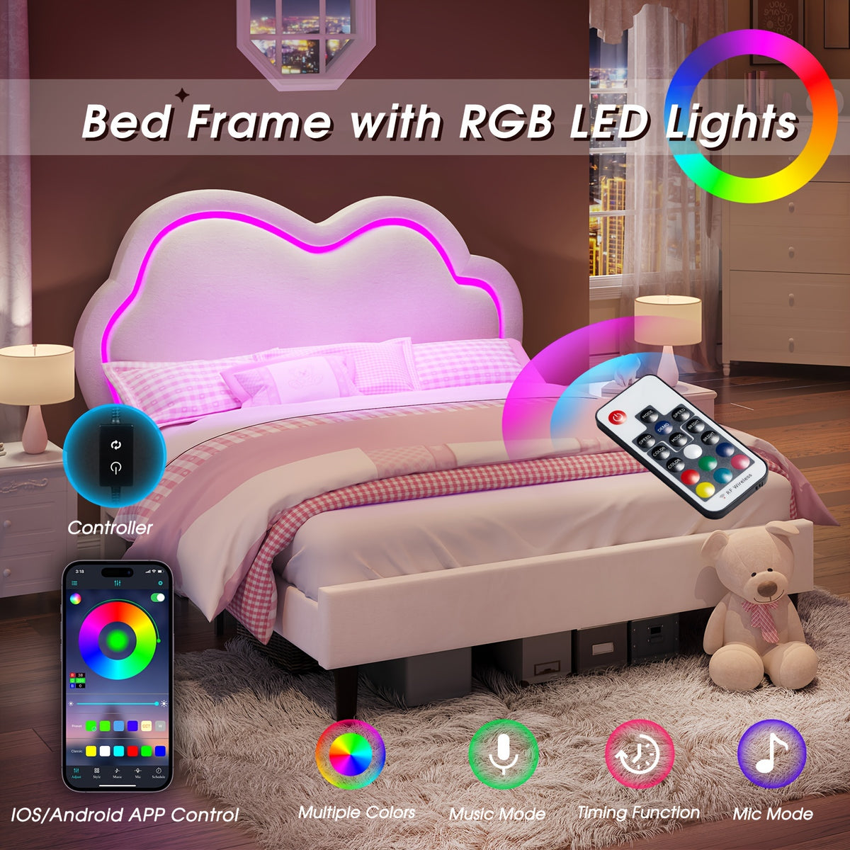 led velvet platform bed featuring an adjustable cloud - Temu