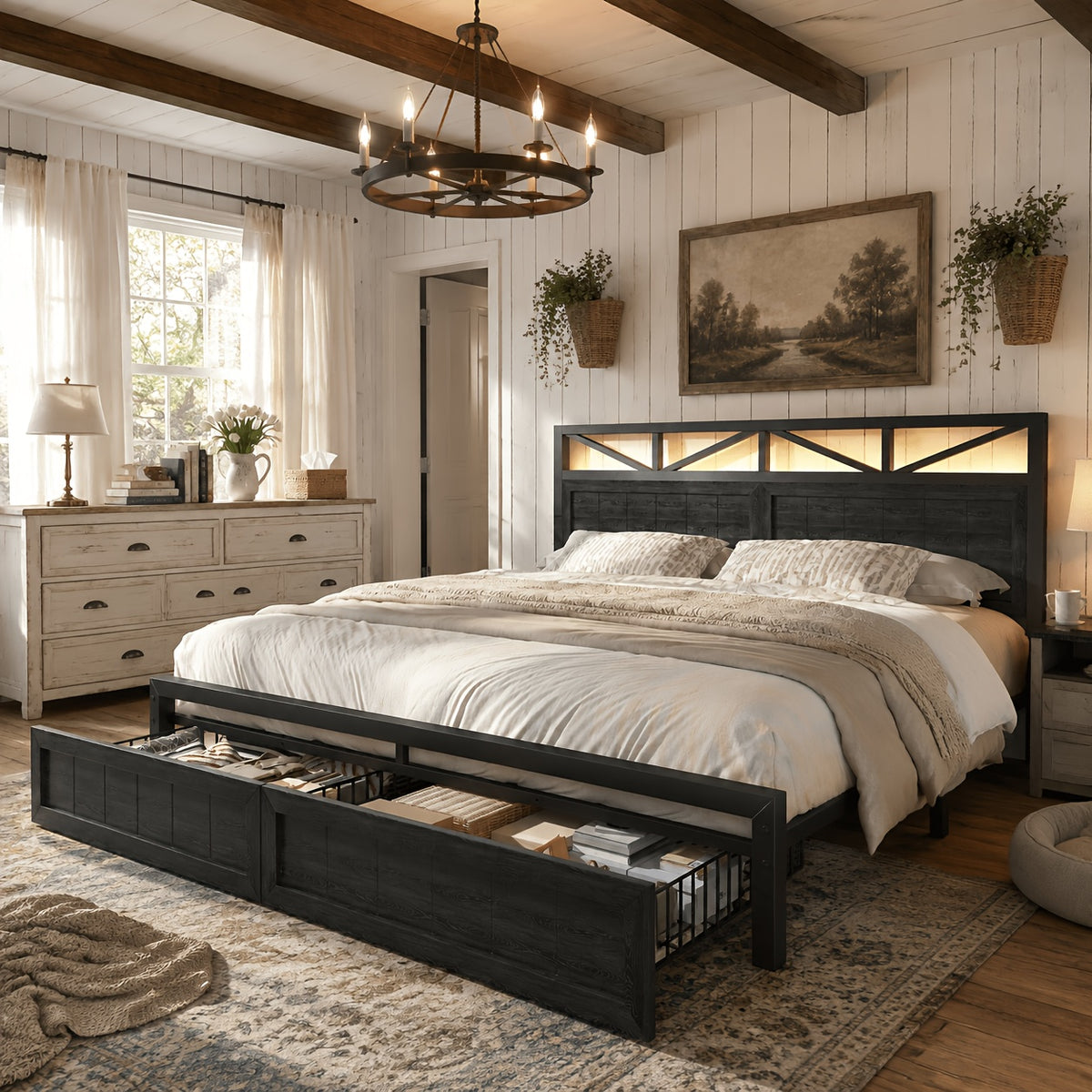 queen size led bed frame storage 2 drawers upholstered - Temu