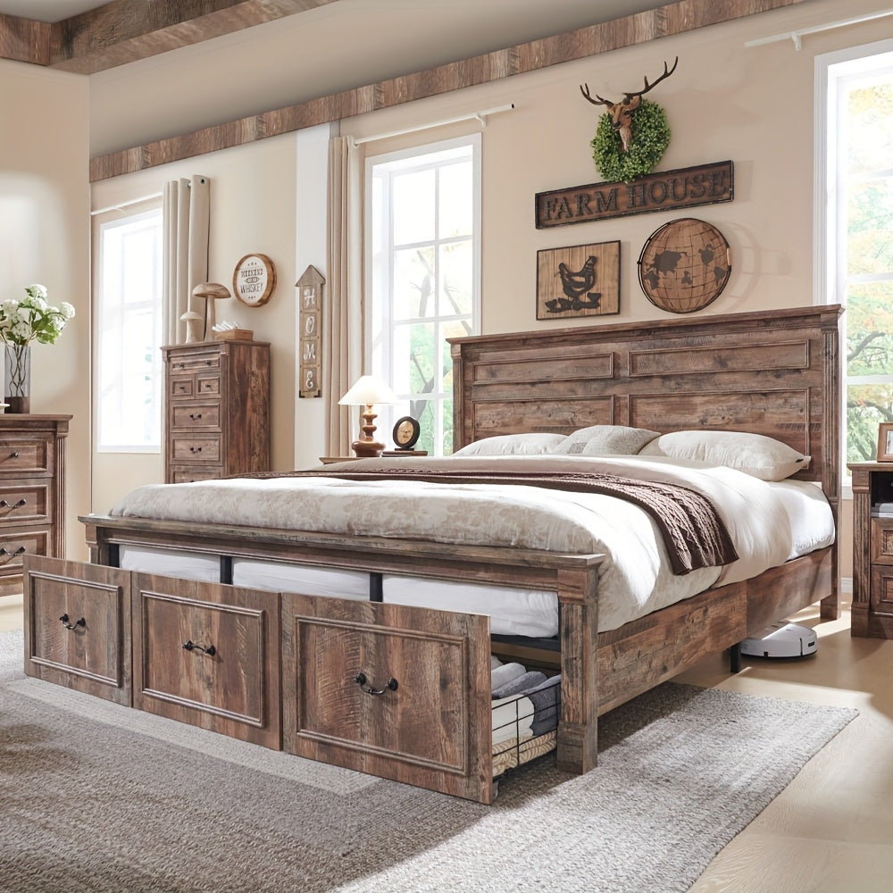 farmhouse king queen size bed frame 51 tall headboard wood - Temu