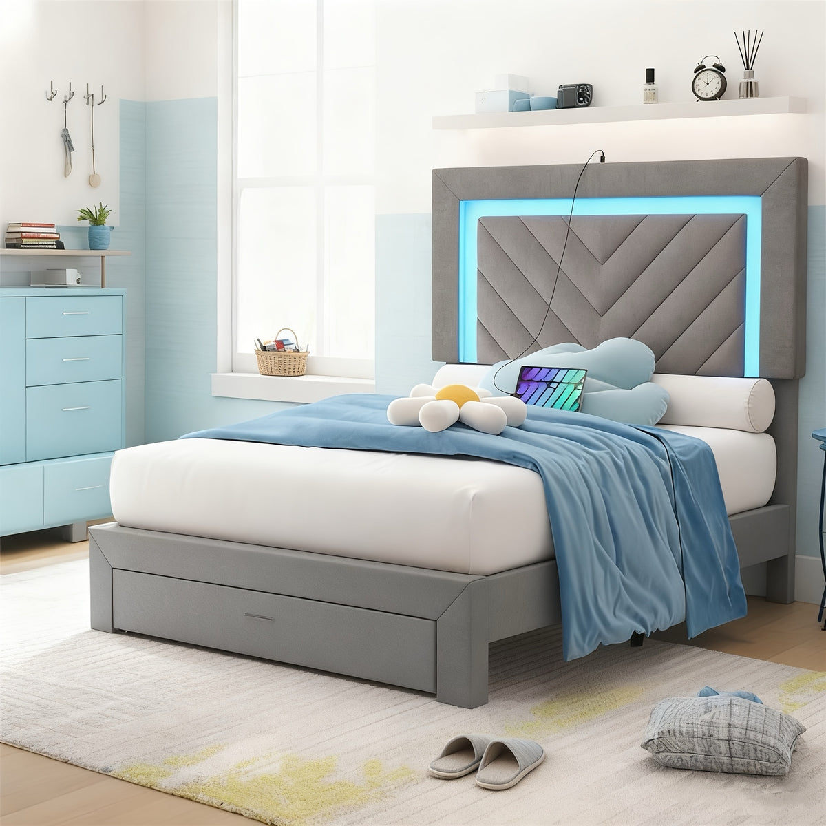 contemporary padded bed frame featuring an adjustable led - Temu