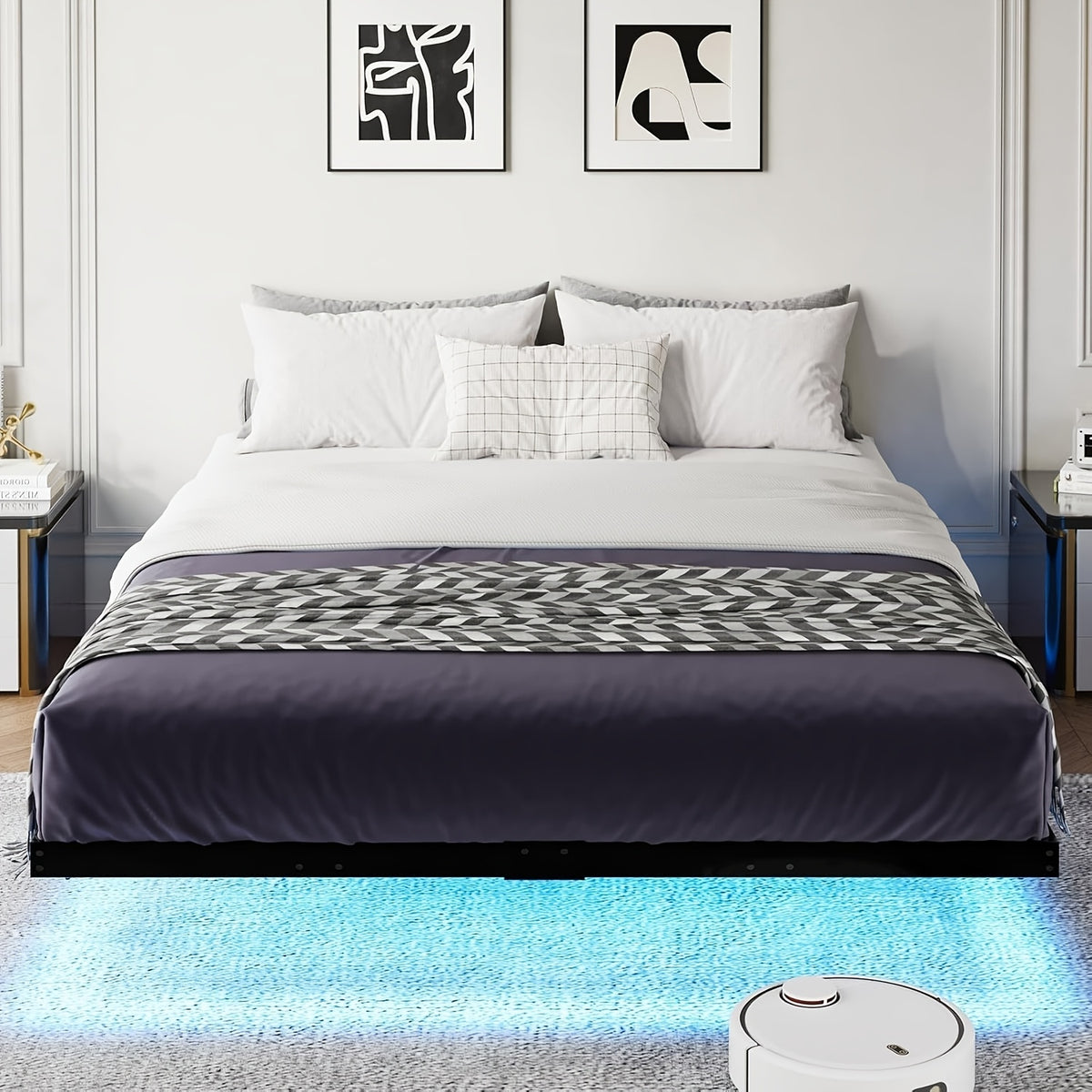 full queen king size floating bed frame led lights metal - Temu
