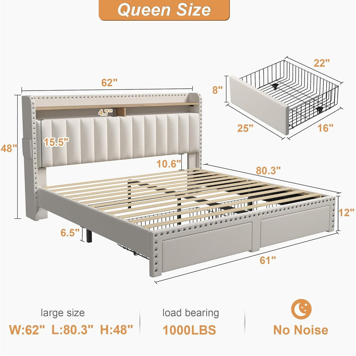 soft upholstered bed frame 2 storage drawers   mattress - Temu
