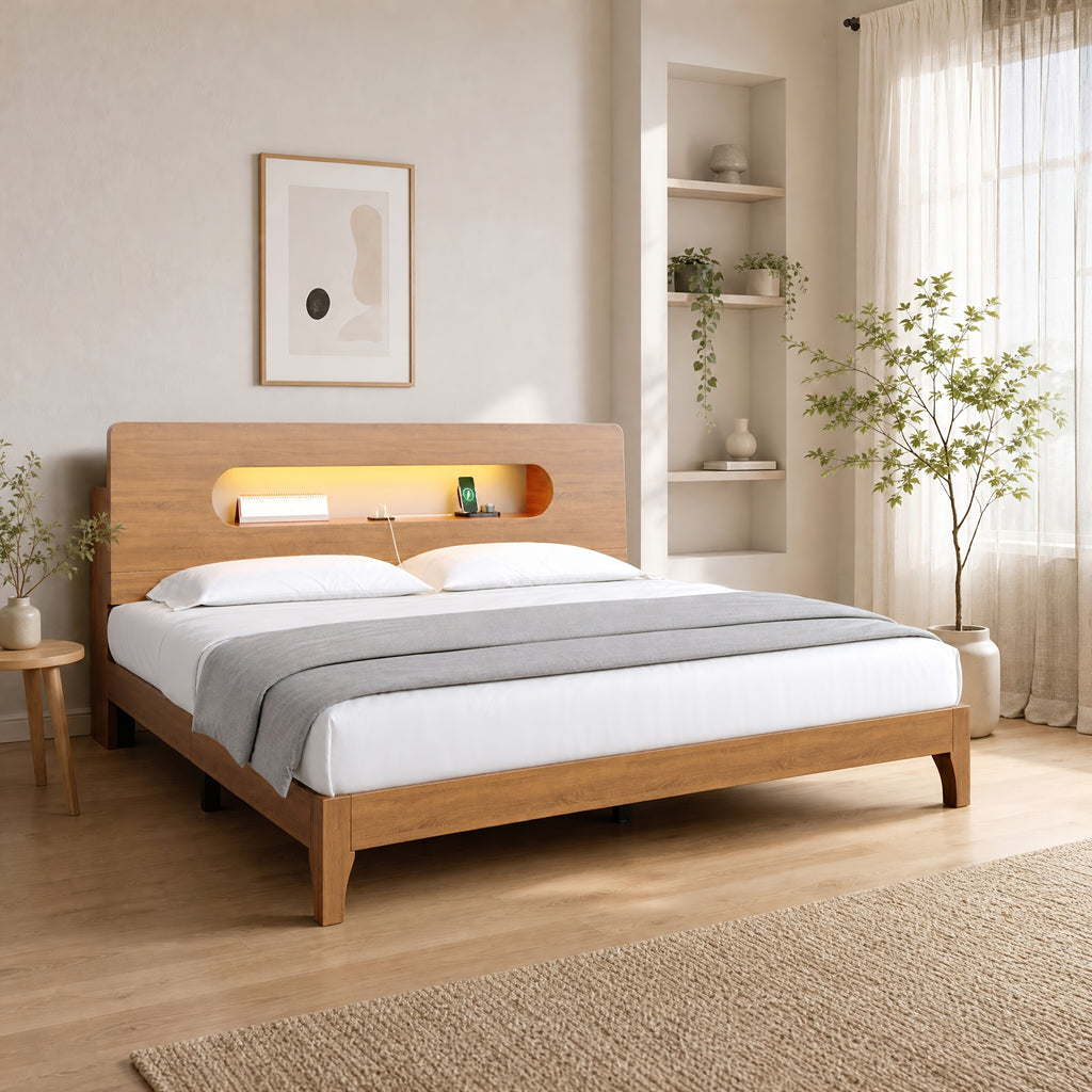 led bed frame usb charging storage shelf solid wood platform - Temu