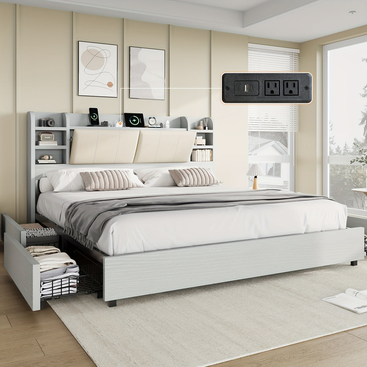 upholstered bed frame 4 storage drawers industrial bed frame - Temu