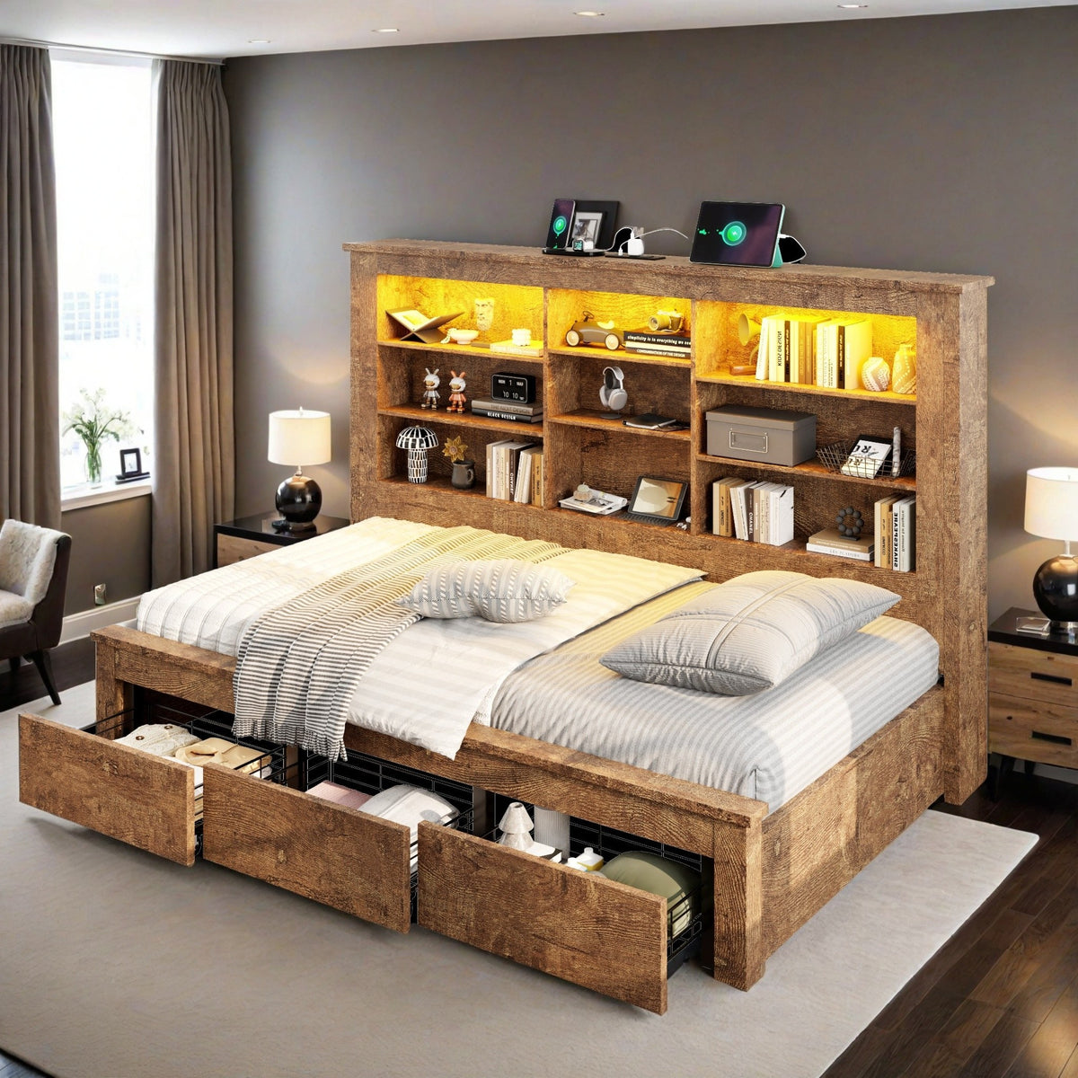 modern bed frame wheels storage drawers usb charging - Temu
