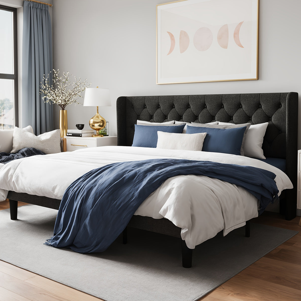 upholstered bed frame tufted wingback headboard - Temu
